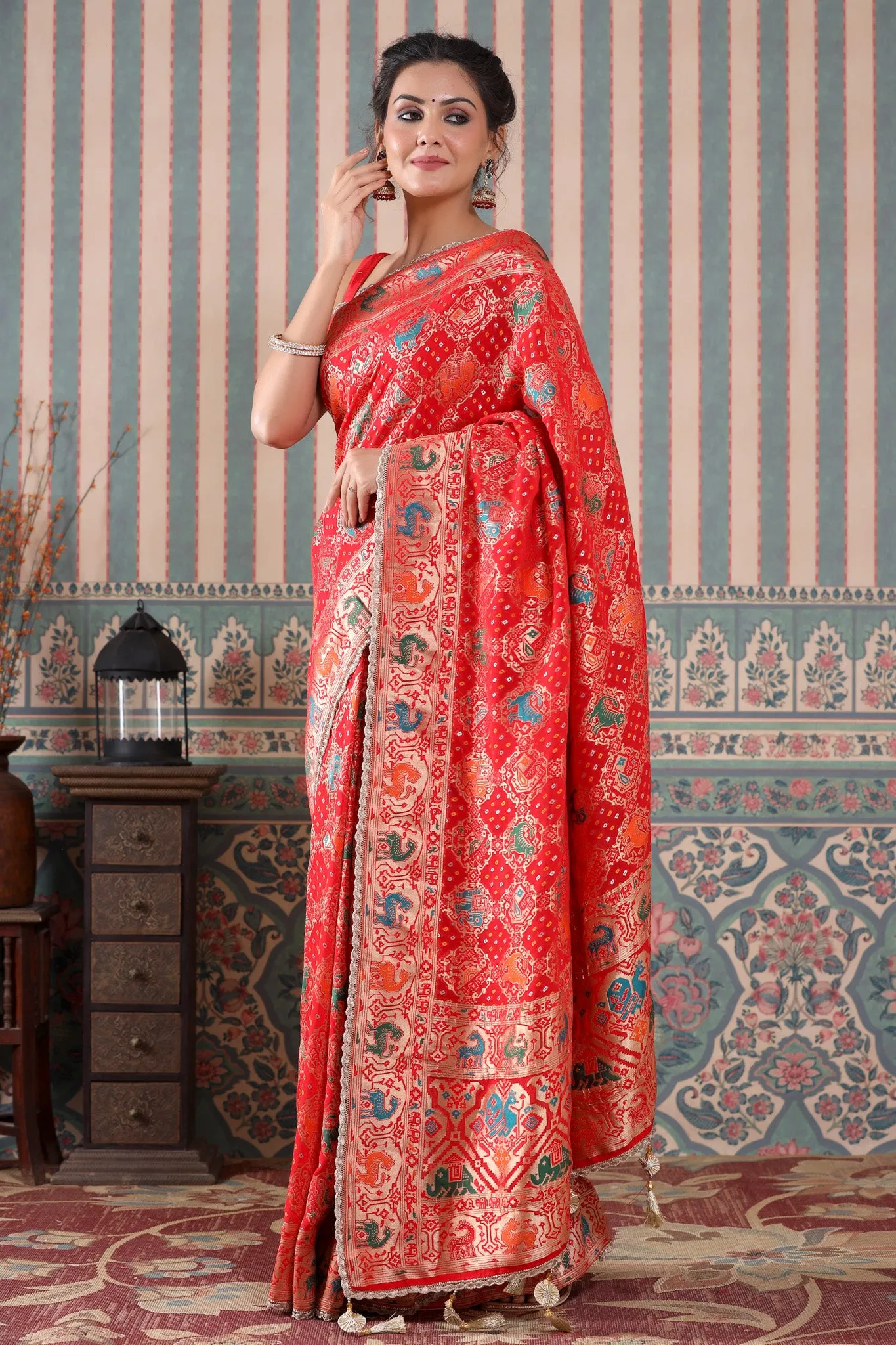 90Z497-RO Pink Patola Silk Saree with Golden Scalloped Lace