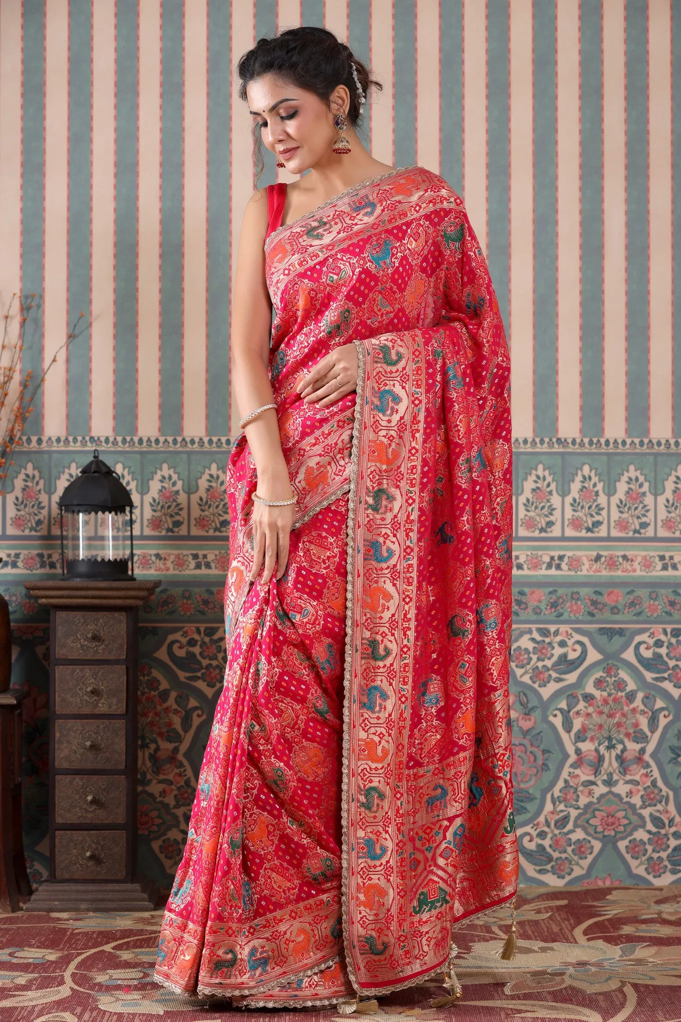 90Z497-RO Pink Patola Silk Saree with Golden Scalloped Lace