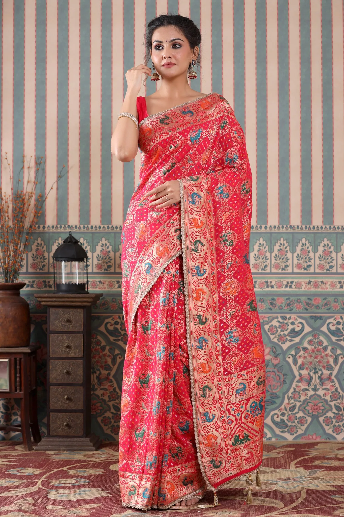 90Z497-RO Pink Patola Silk Saree with Golden Scalloped Lace