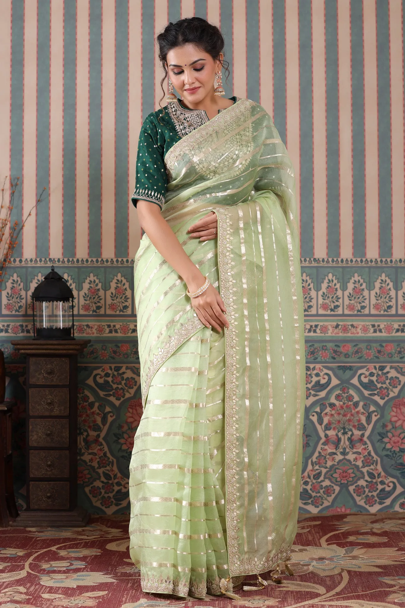 90Z501-NRO Pastel Green Organza Silk Saree with Embroidered Blouse