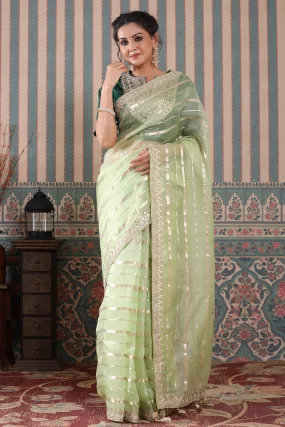 90Z501-NRO Pastel Green Organza Silk Saree with Embroidered Blouse