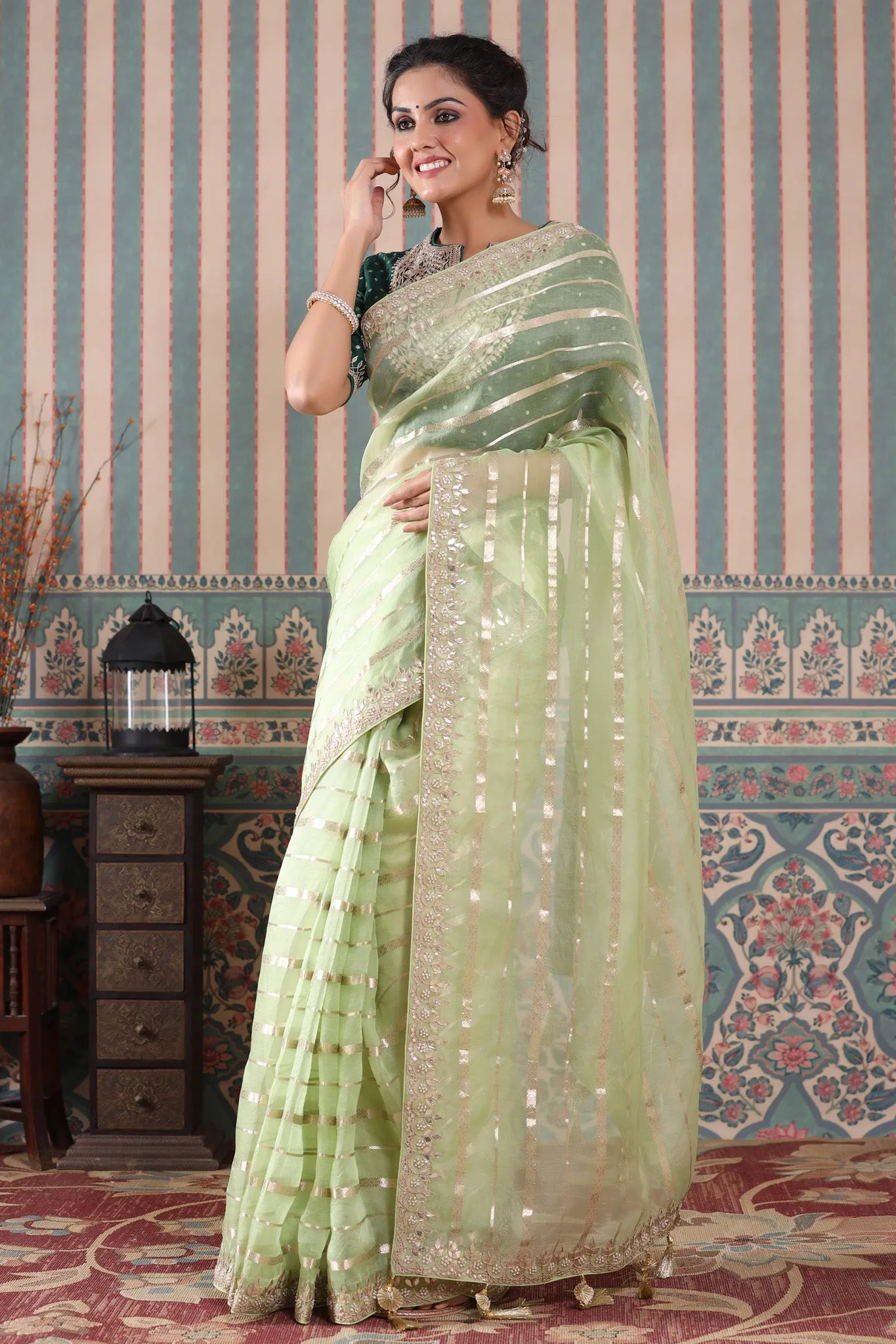 90Z501-NRO Pastel Green Organza Silk Saree with Embroidered Blouse