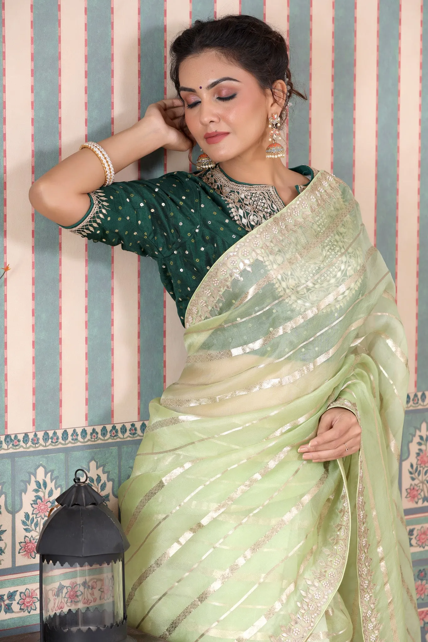 90Z501-NRO Pastel Green Organza Silk Saree with Embroidered Blouse