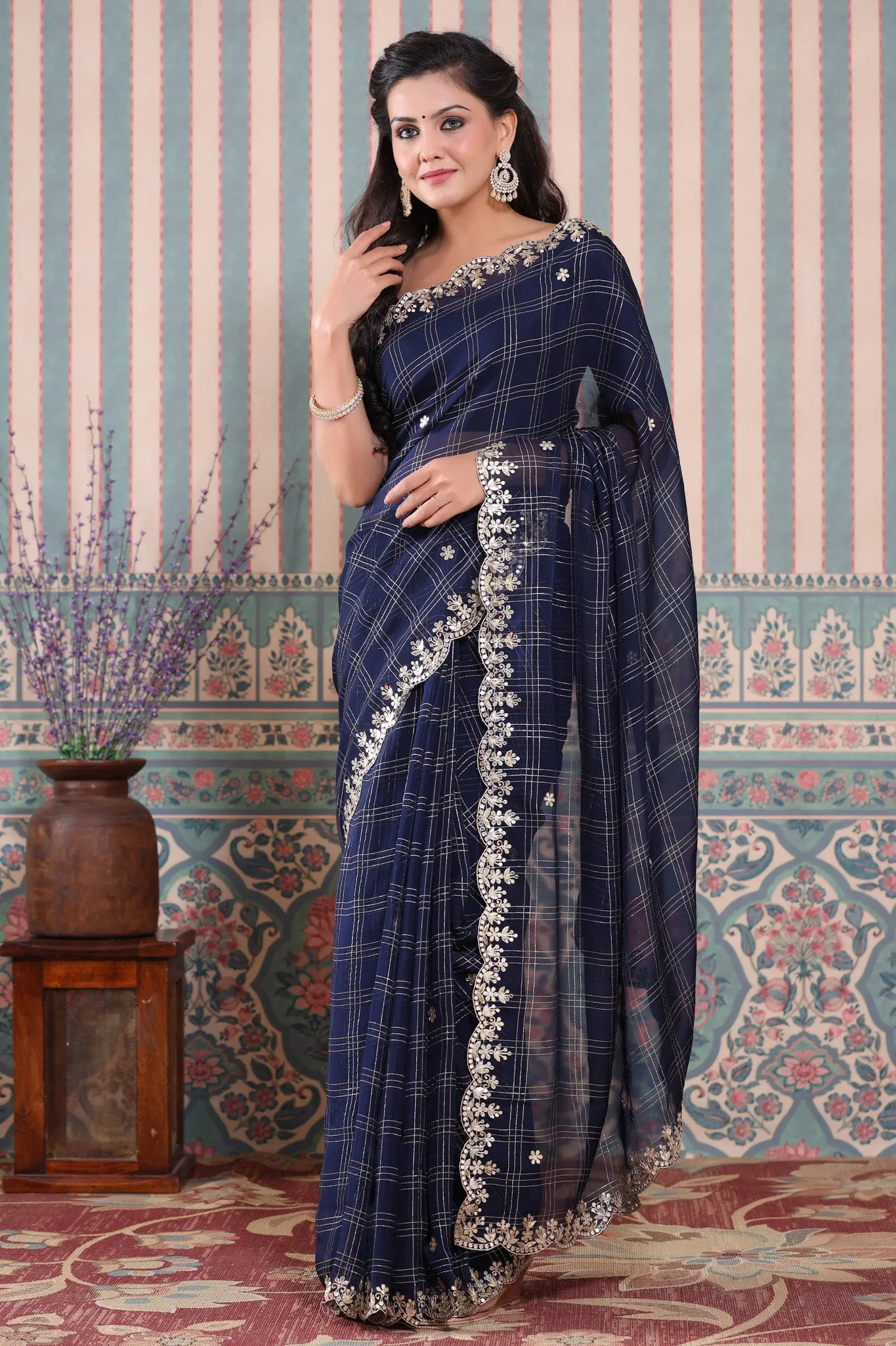 90Z507-NRO Navy Blue Check Organza Silk Saree with Embroidered Border