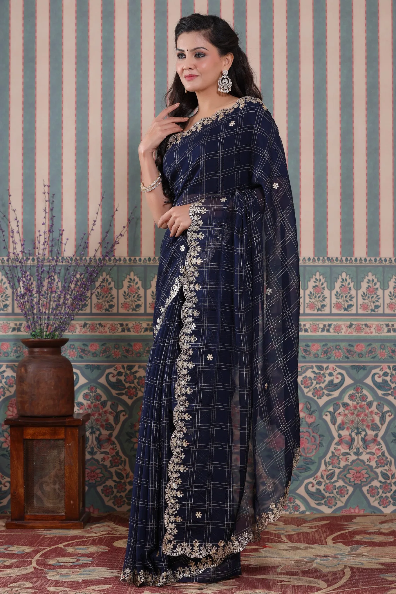 90Z507-NRO Navy Blue Check Organza Silk Saree with Embroidered Border