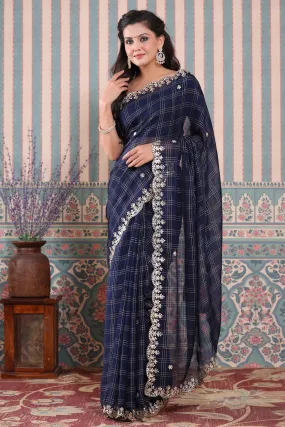 90Z507-NRO Navy Blue Check Organza Silk Saree with Embroidered Border