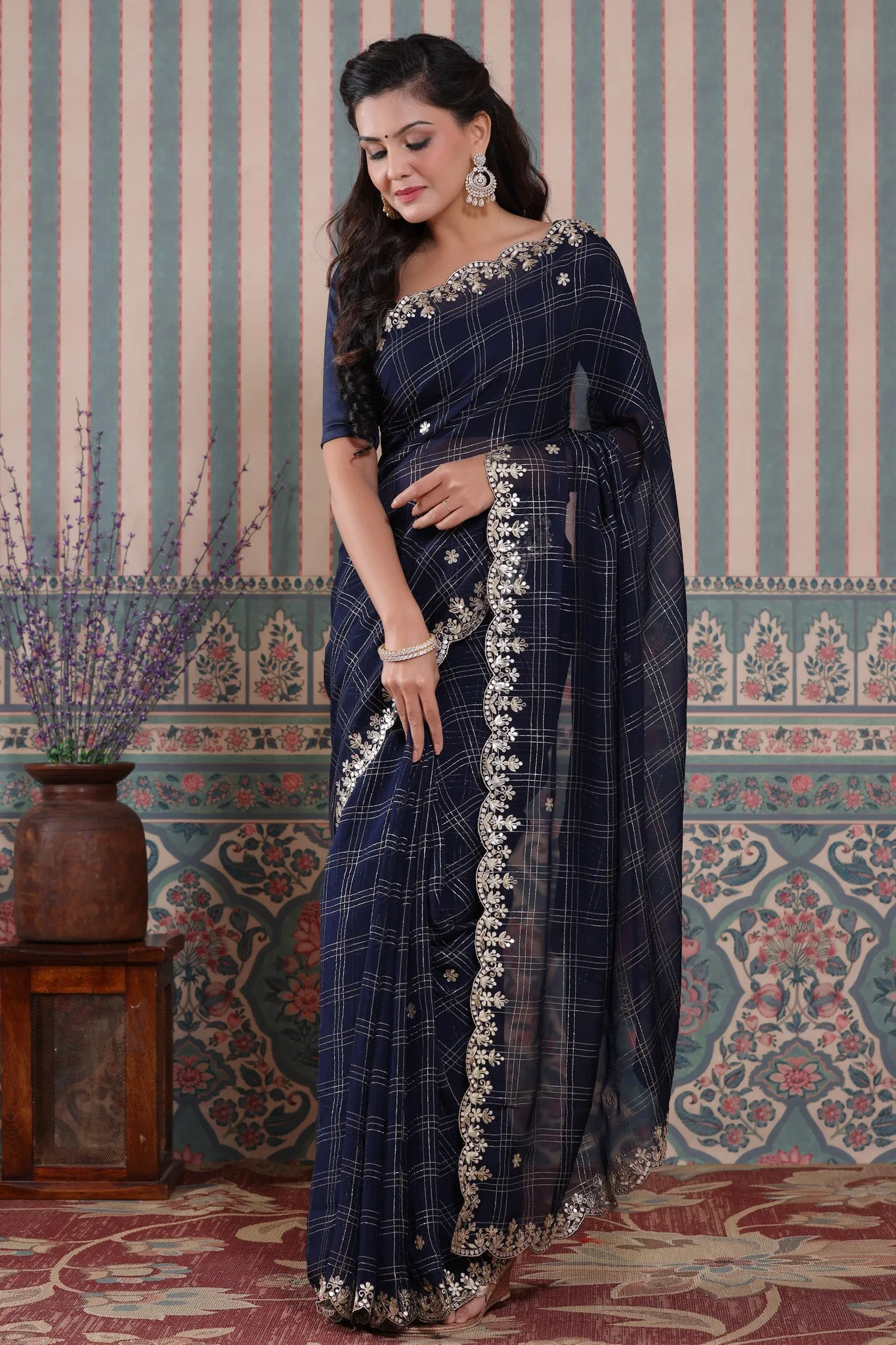 90Z507-NRO Navy Blue Check Organza Silk Saree with Embroidered Border