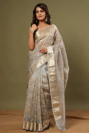 90Z547-RO Grey Gota Work Organza Saree with Zari Work