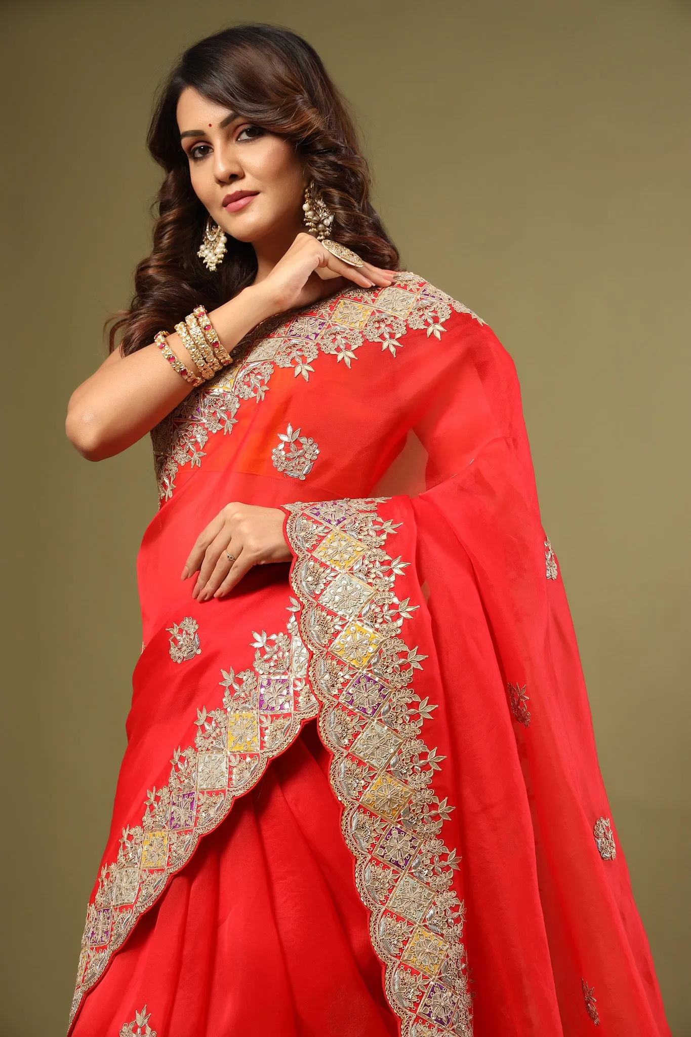 90Z556-RO Red Hand Embroidered Organza Saree