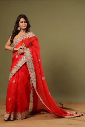 90Z556-RO Red Hand Embroidered Organza Saree