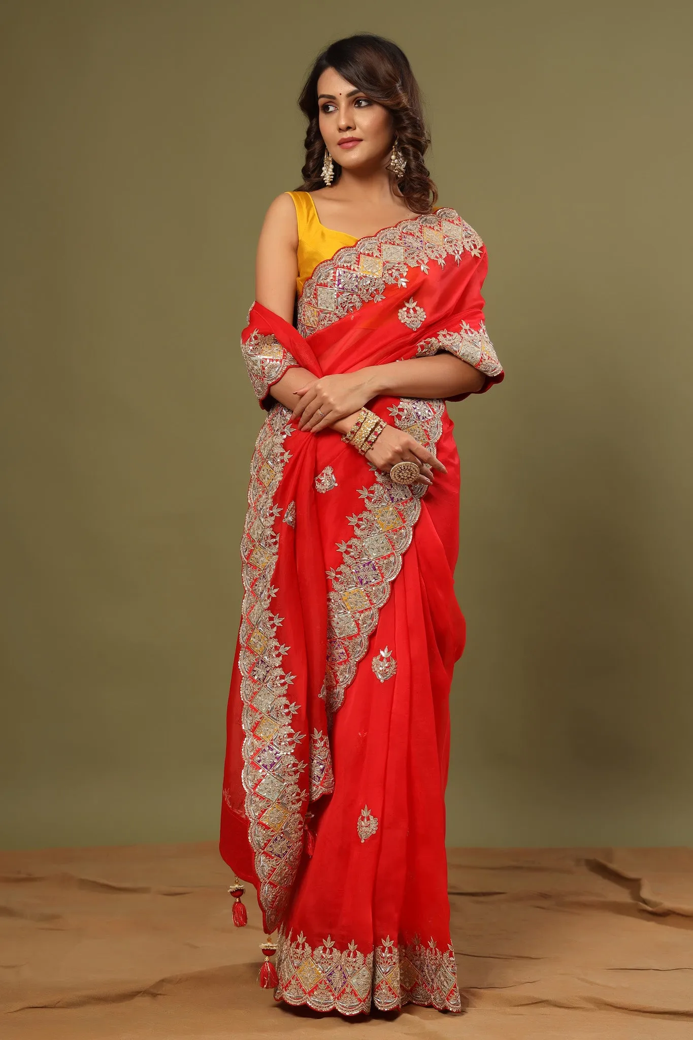 90Z556-RO Red Hand Embroidered Organza Saree