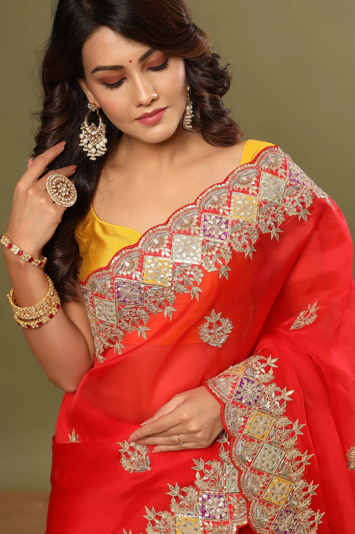 90Z556-RO Red Hand Embroidered Organza Saree