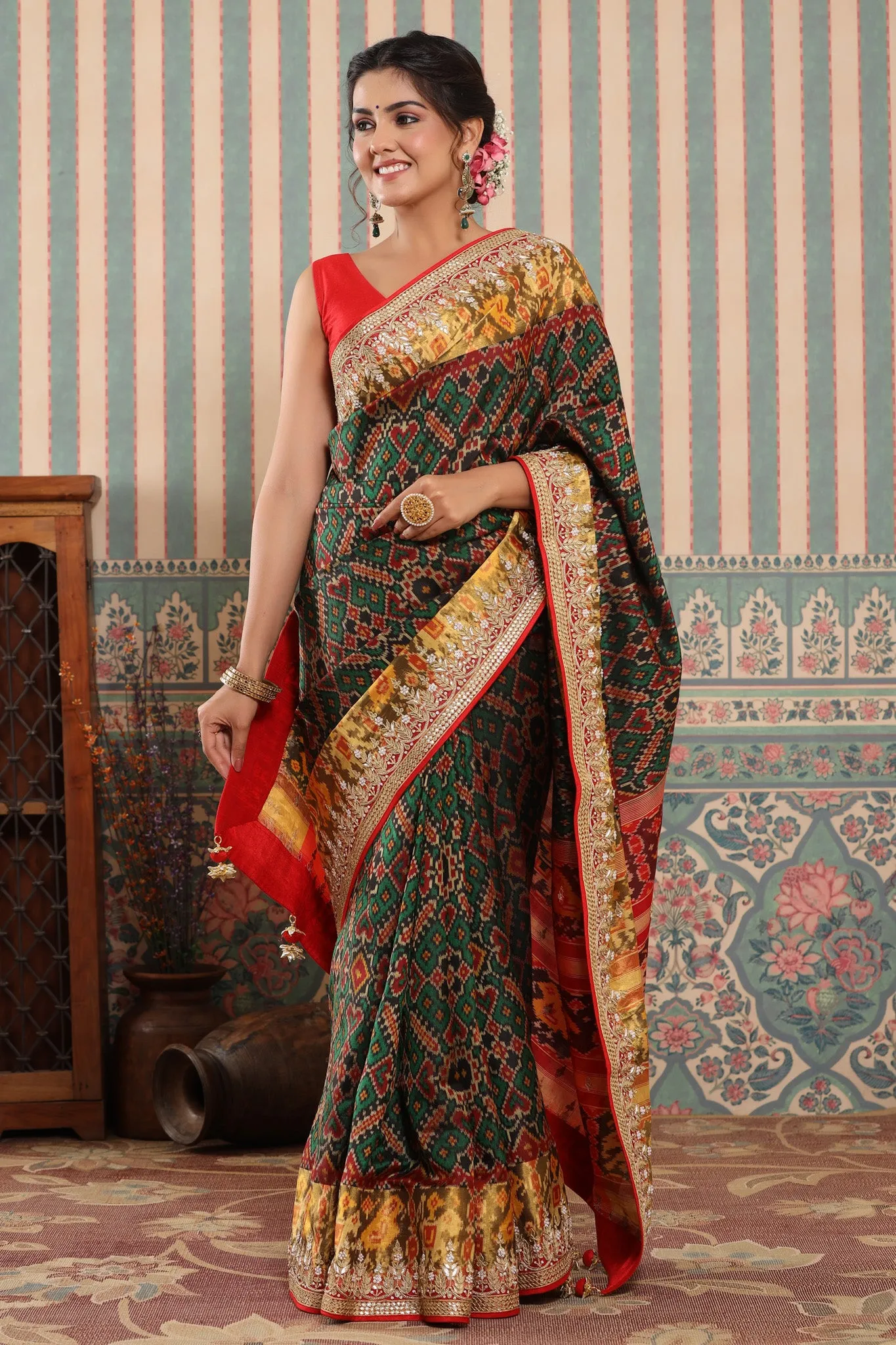 90Z594-RO Dark Green Patola Silk Sari with Embroidered Zari Border