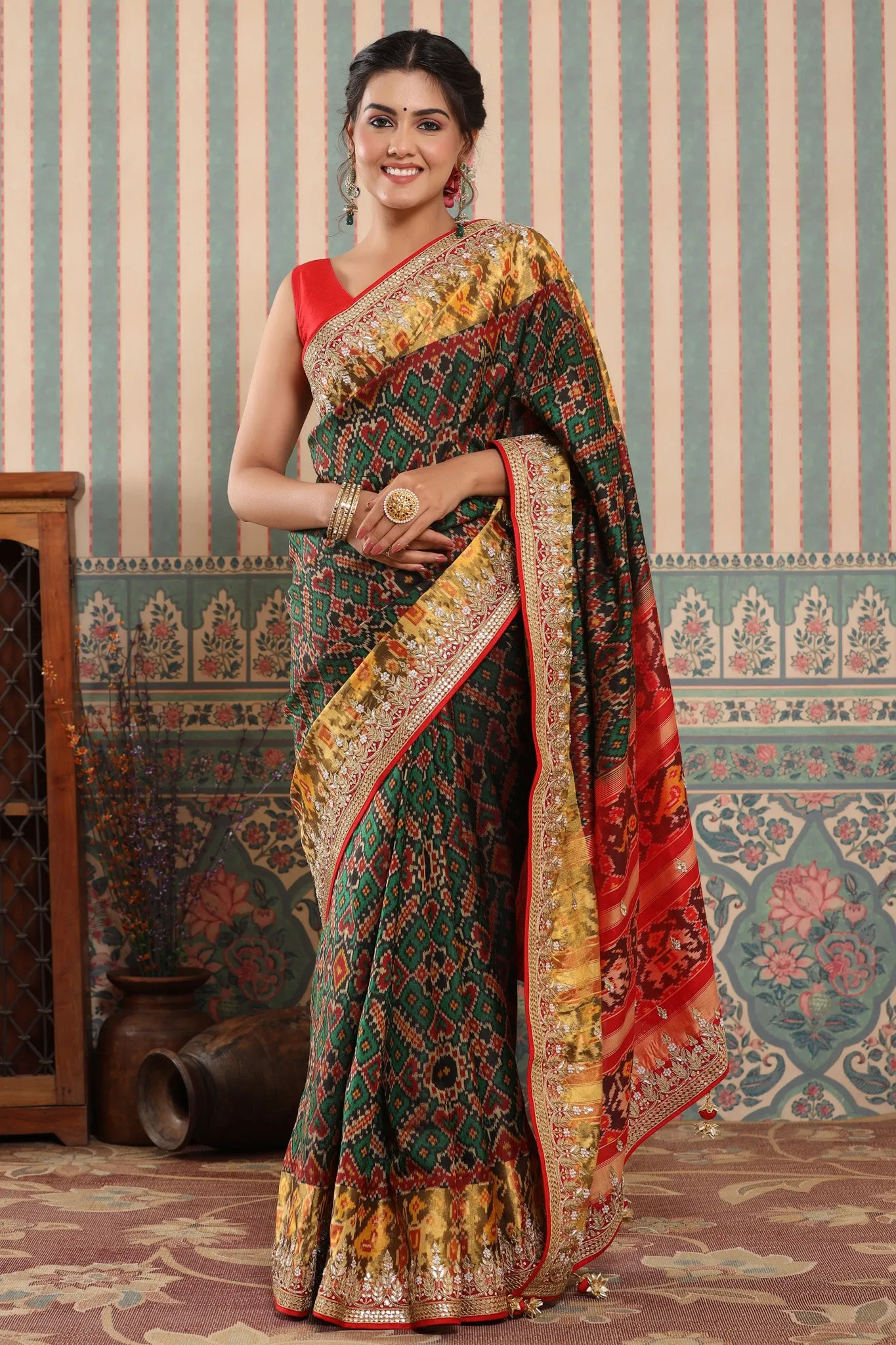 90Z594-RO Dark Green Patola Silk Sari with Embroidered Zari Border