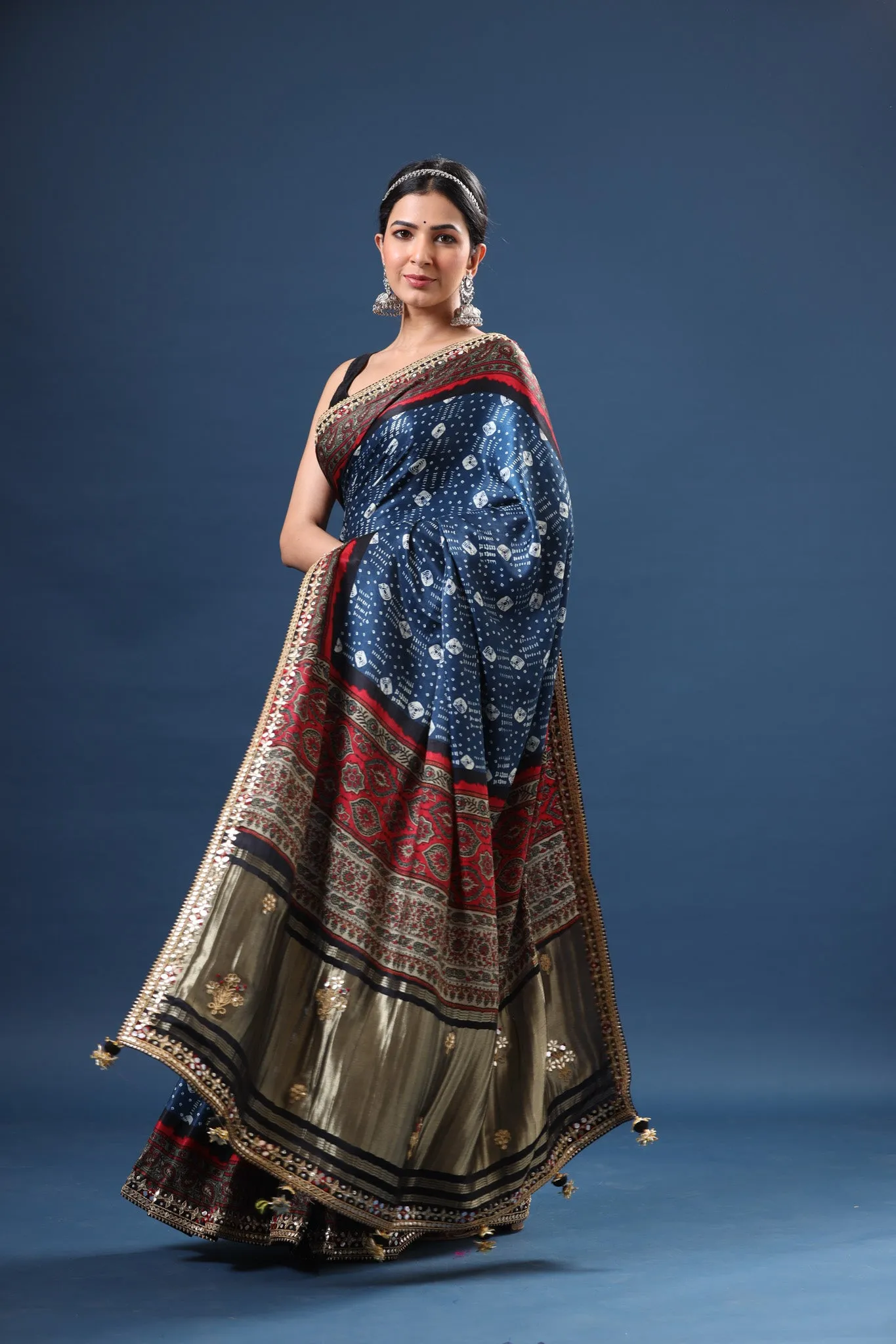 90Z605-NRO Blue Bandhej Modal Silk Saree with Embroidered Border