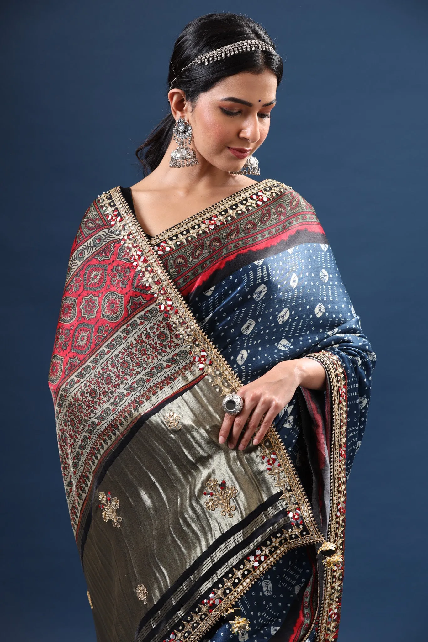 90Z605-NRO Blue Bandhej Modal Silk Saree with Embroidered Border