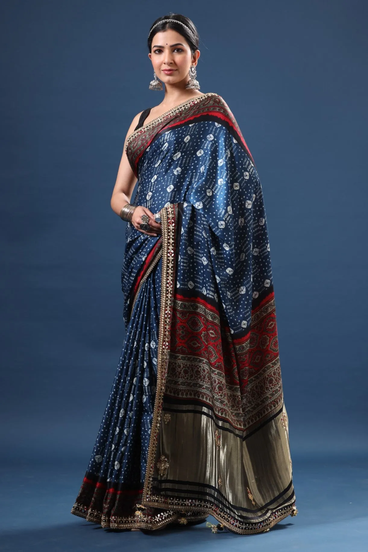 90Z605-NRO Blue Bandhej Modal Silk Saree with Embroidered Border