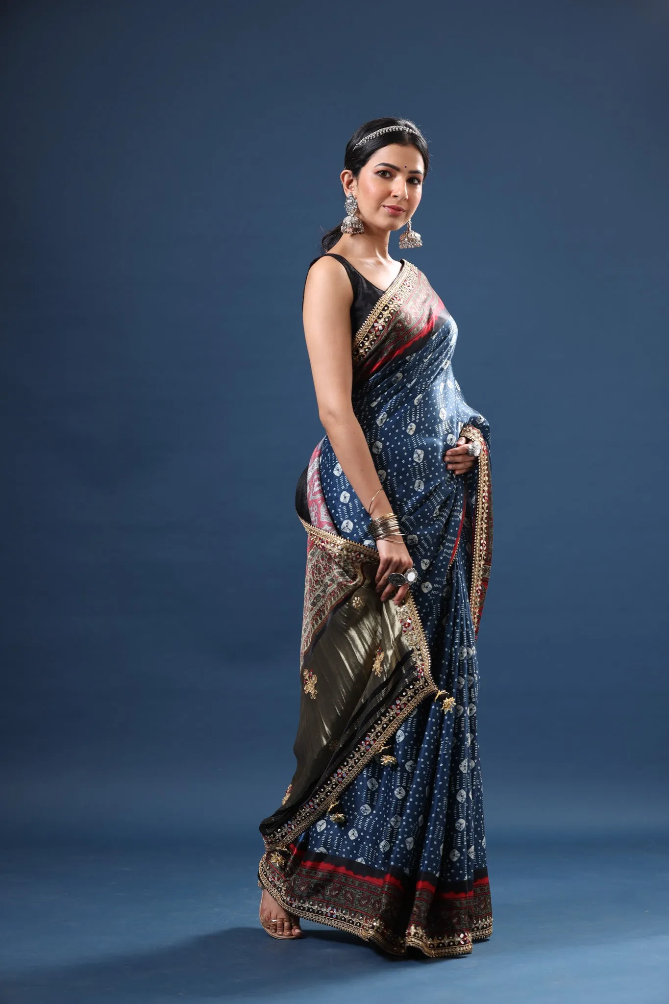 90Z605-NRO Blue Bandhej Modal Silk Saree with Embroidered Border