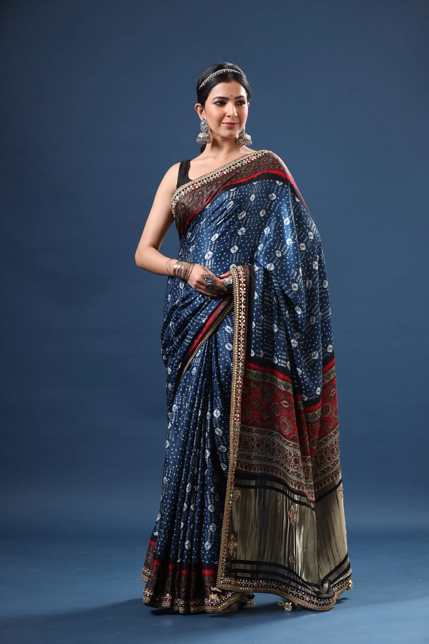 90Z605-NRO Blue Bandhej Modal Silk Saree with Embroidered Border