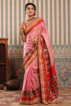 90Z606-RO Pink Patola Silk Saree with Embroidered Border