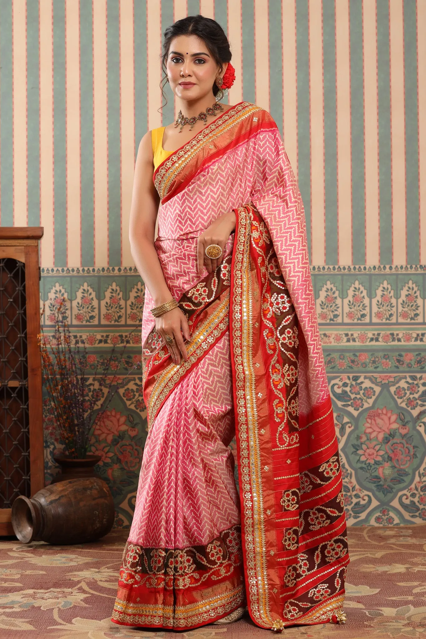 90Z606-RO Pink Patola Silk Saree with Embroidered Border