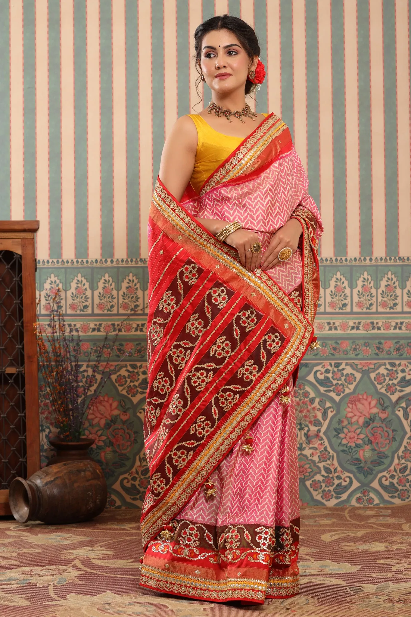 90Z606-RO Pink Patola Silk Saree with Embroidered Border