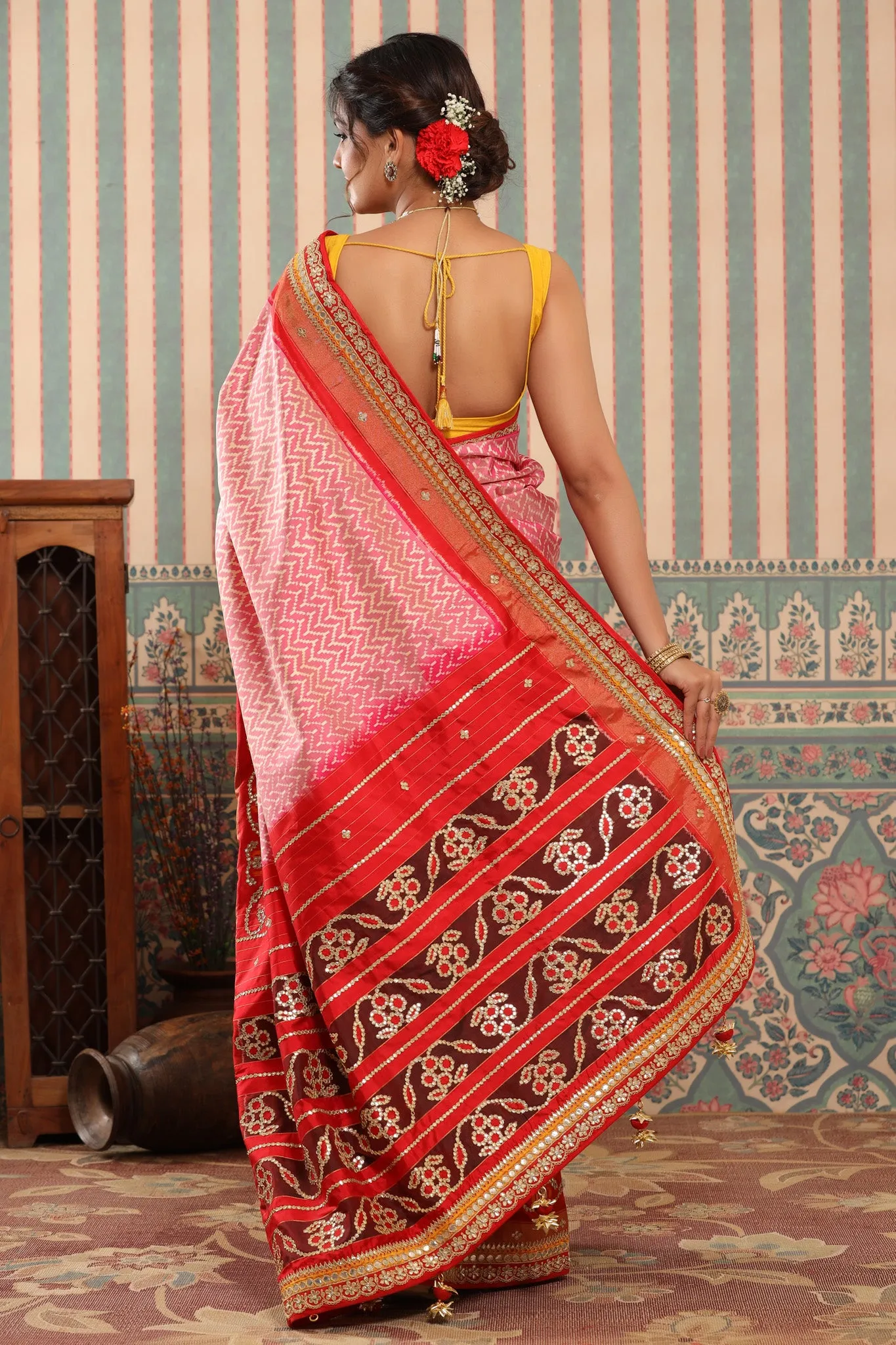 90Z606-RO Pink Patola Silk Saree with Embroidered Border