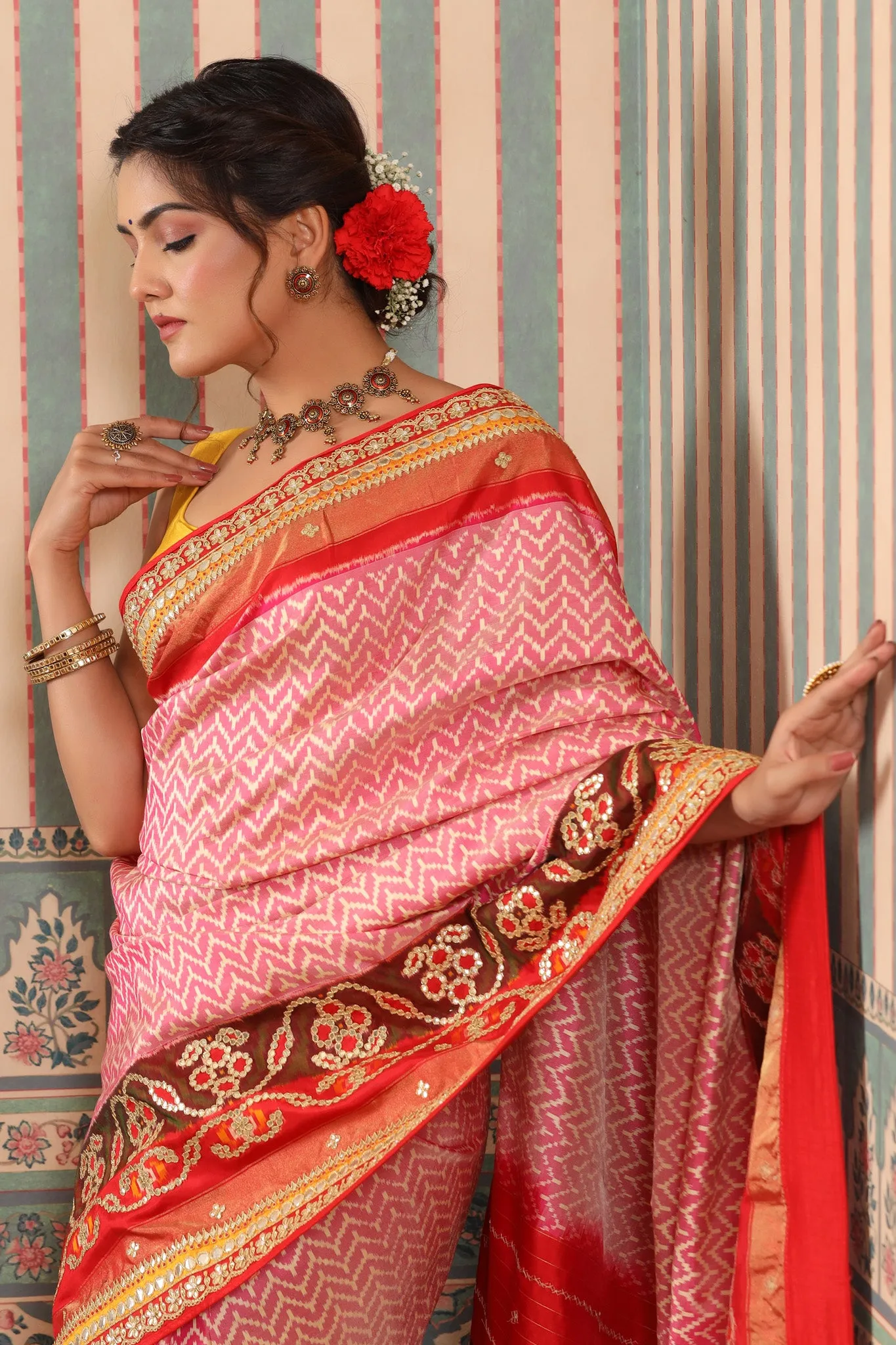 90Z606-RO Pink Patola Silk Saree with Embroidered Border