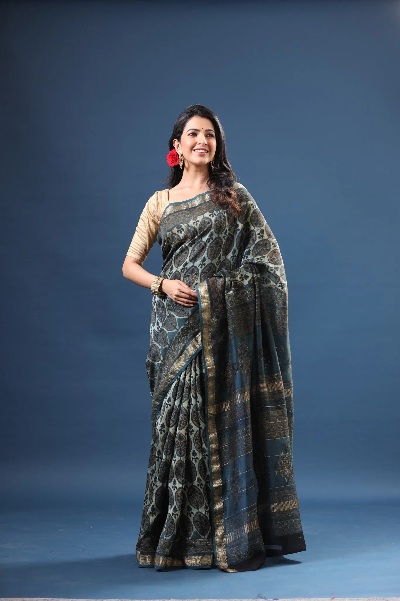 90Z614-RO Blue Printed Tussar Silk Sari with Zari Border