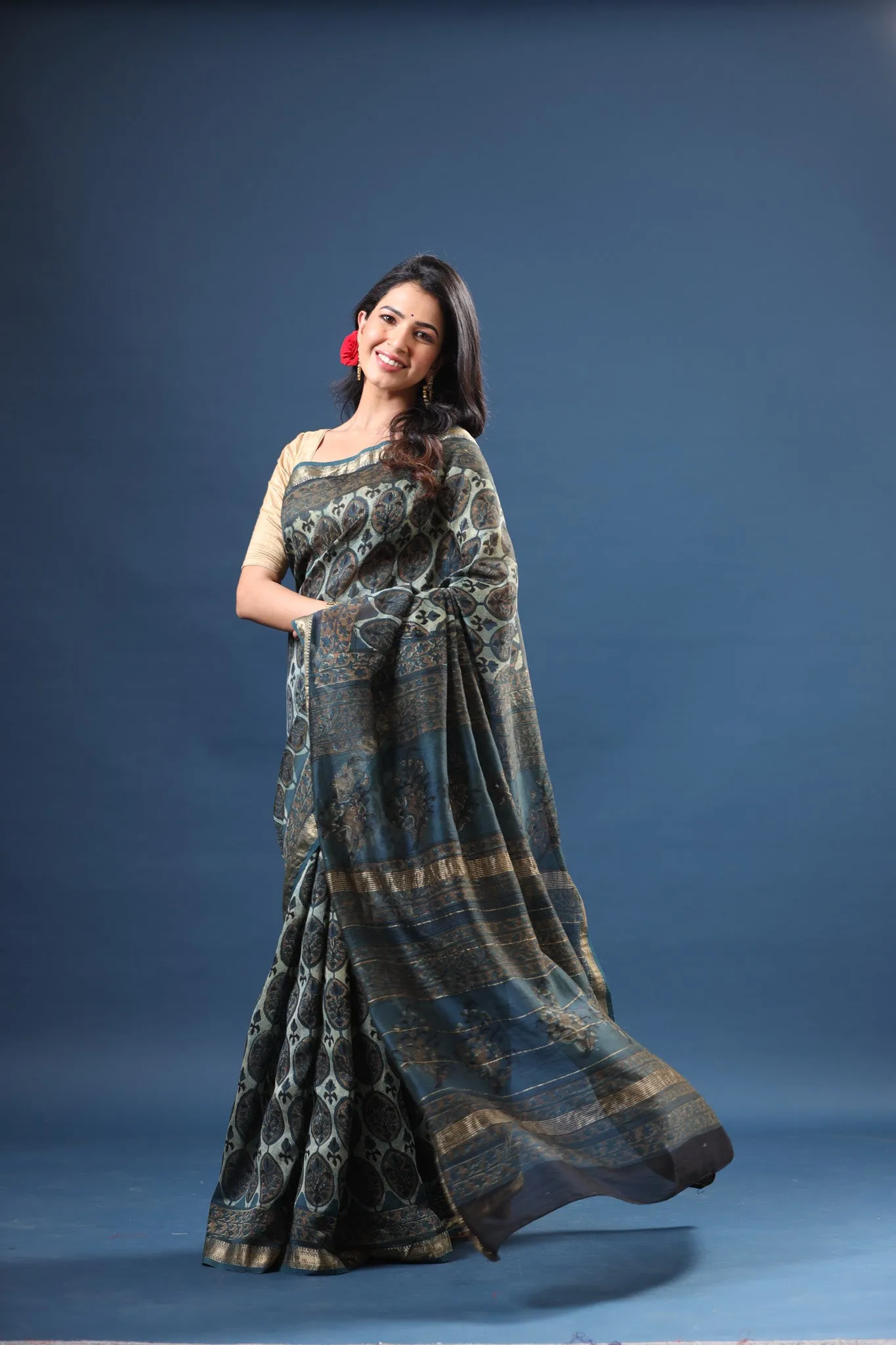 90Z614-RO Blue Printed Tussar Silk Sari with Zari Border