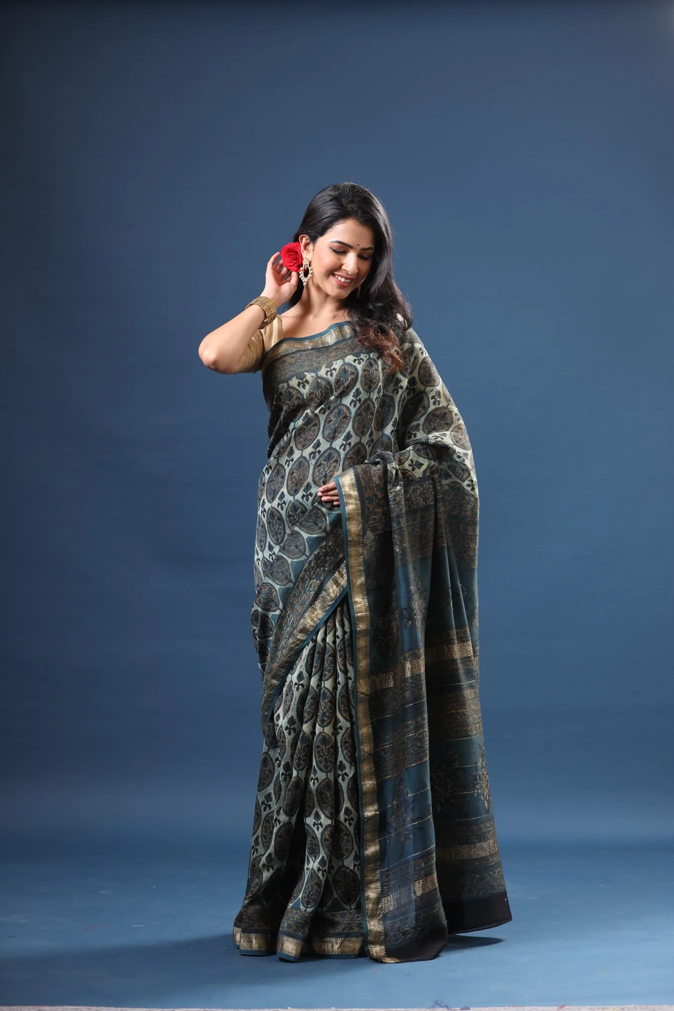 90Z614-RO Blue Printed Tussar Silk Sari with Zari Border