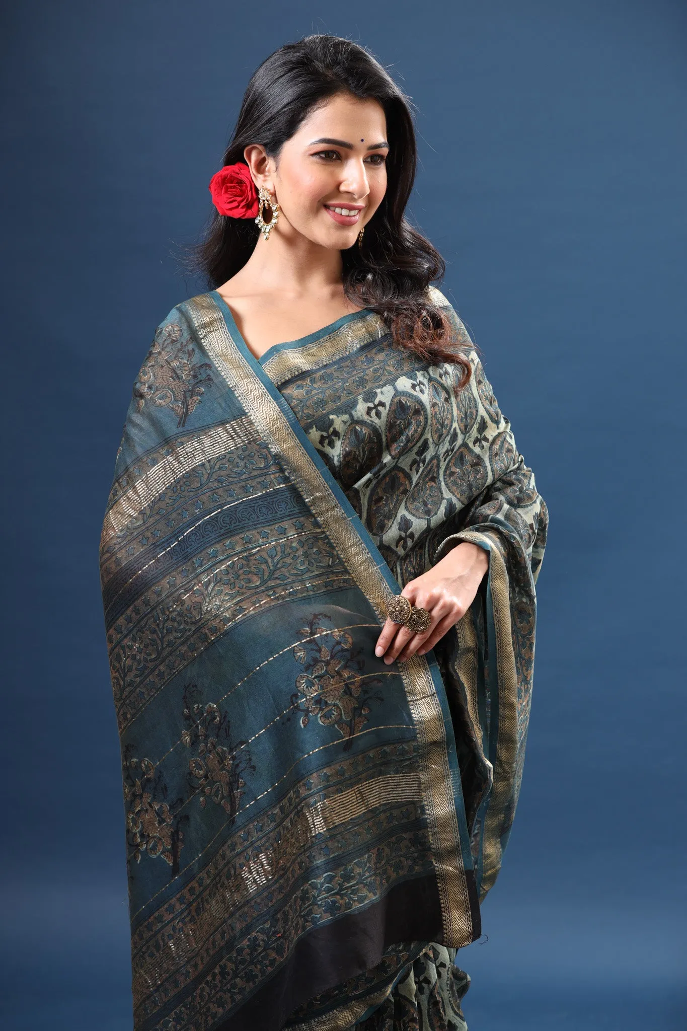 90Z614-RO Blue Printed Tussar Silk Sari with Zari Border