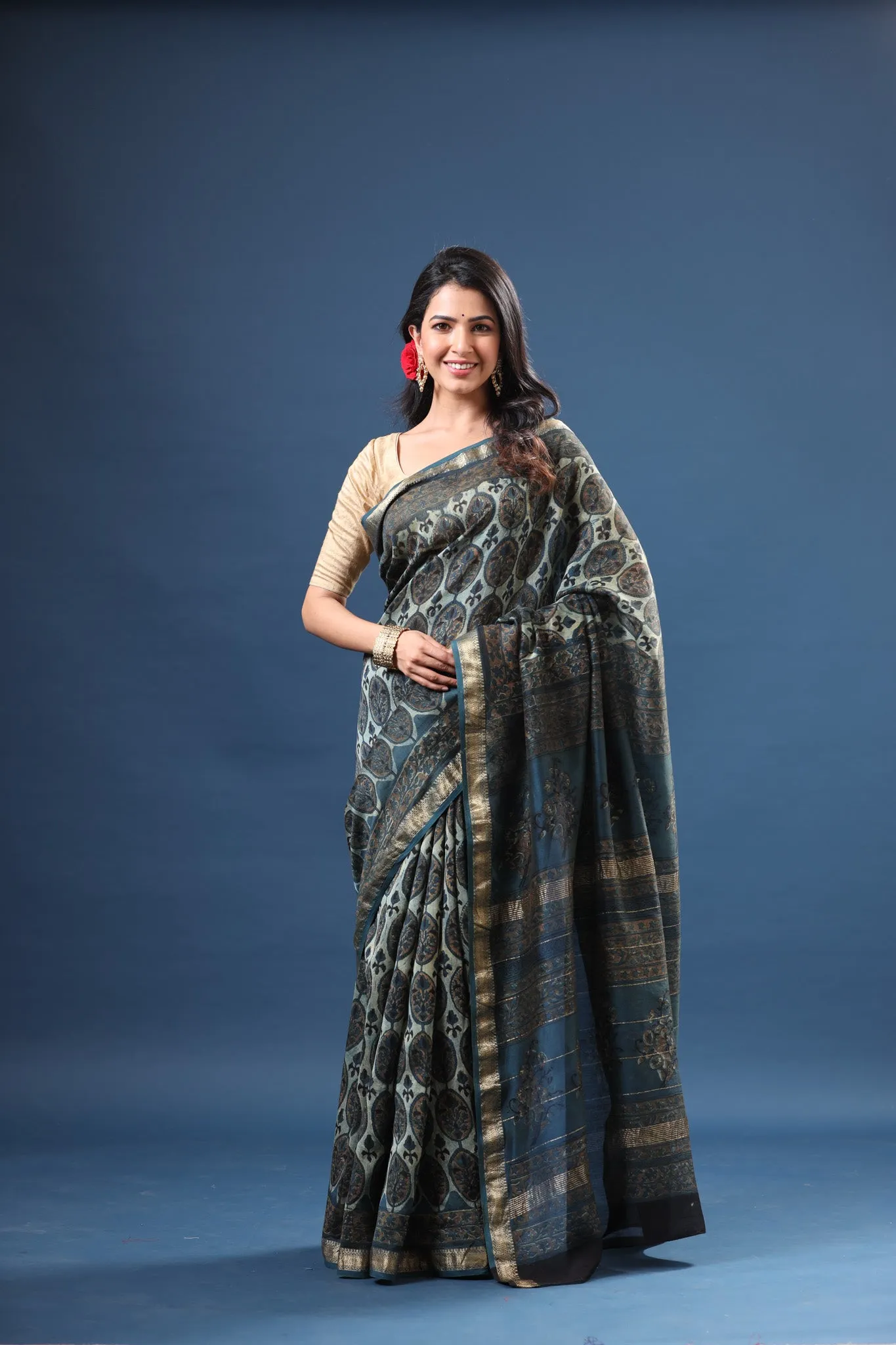 90Z614-RO Blue Printed Tussar Silk Sari with Zari Border