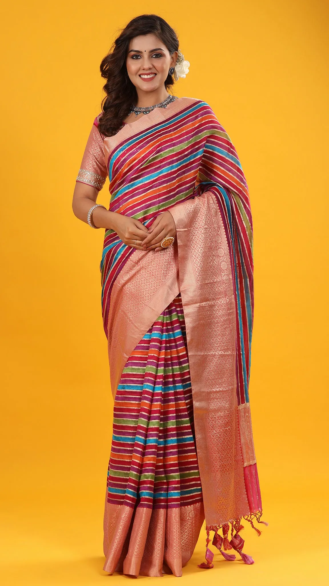 90Z646-NRO Multicolor Stripes Linen Saree with Zari Border