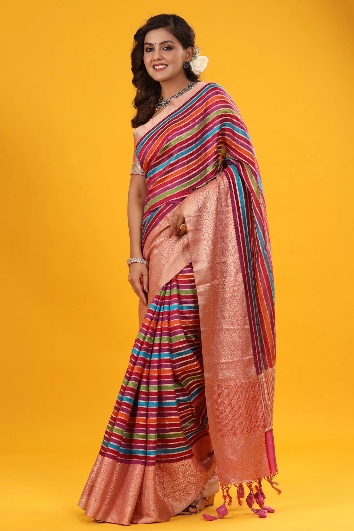 90Z646-NRO Multicolor Stripes Linen Saree with Zari Border