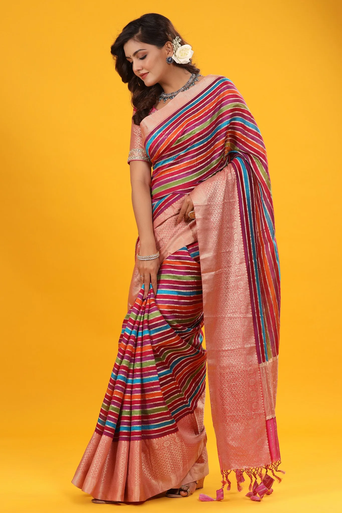 90Z646-NRO Multicolor Stripes Linen Saree with Zari Border