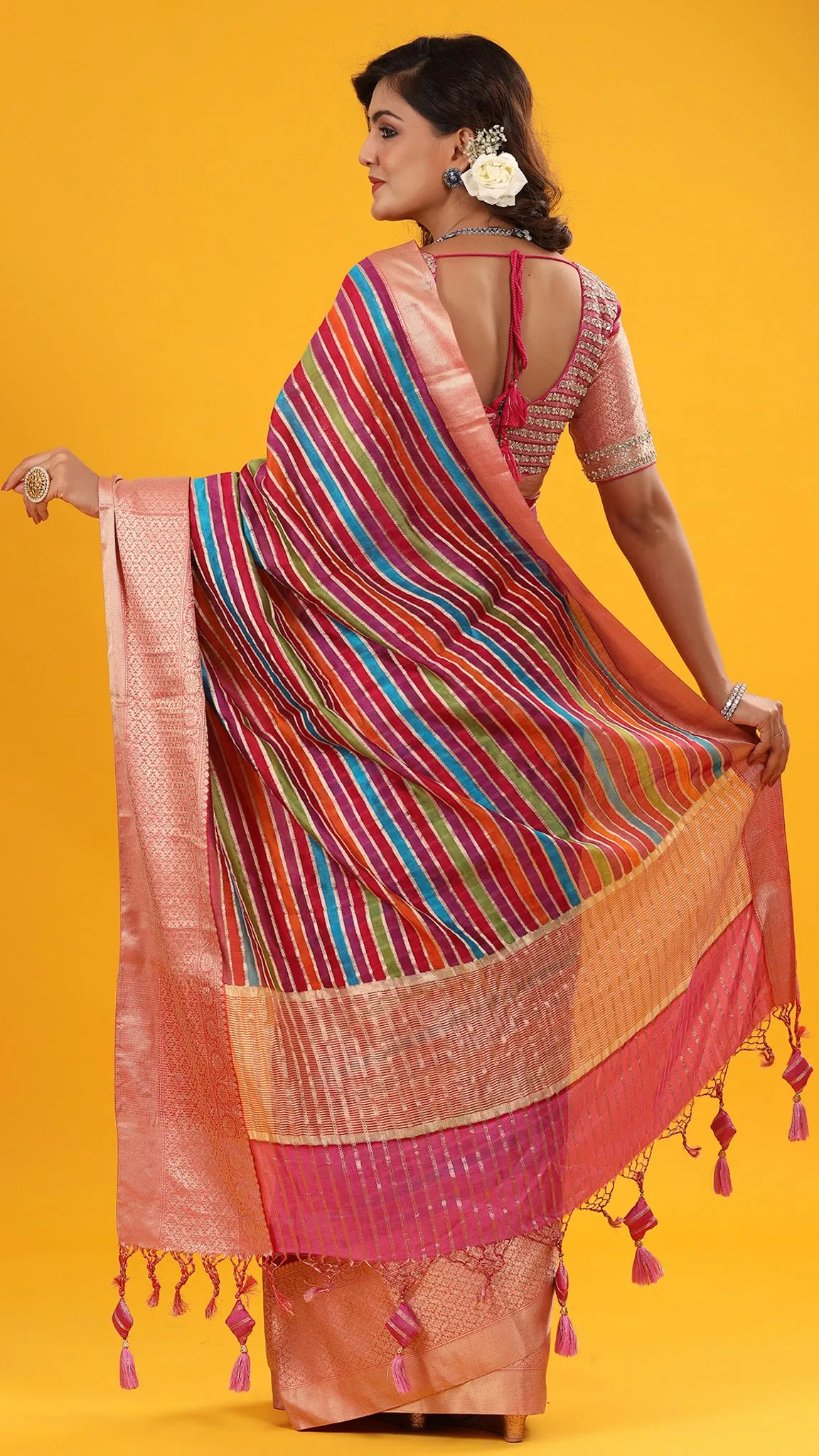 90Z646-NRO Multicolor Stripes Linen Saree with Zari Border