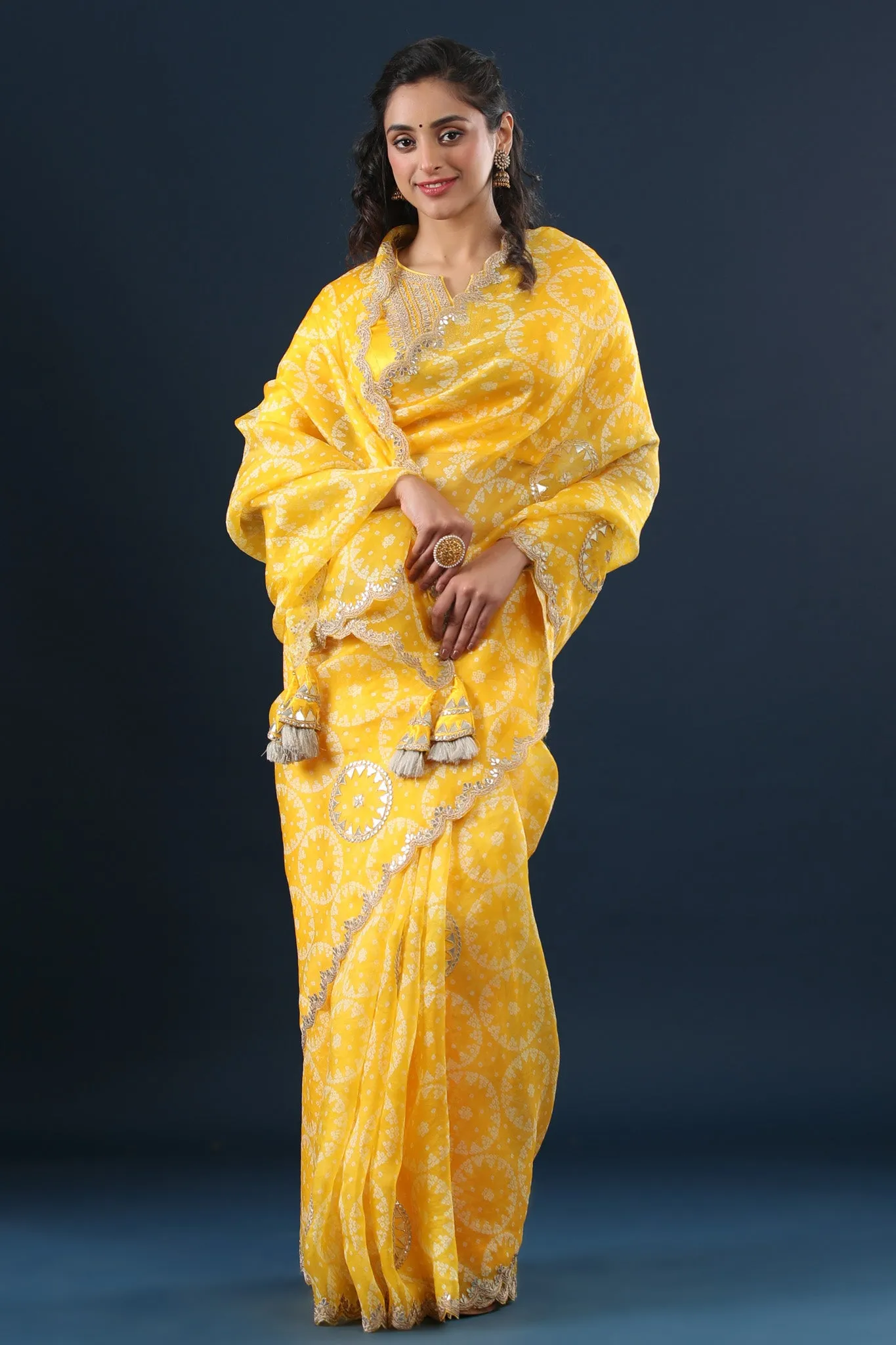 90Z650-RO Yellow Printed Organza Saree with Scalloped Border