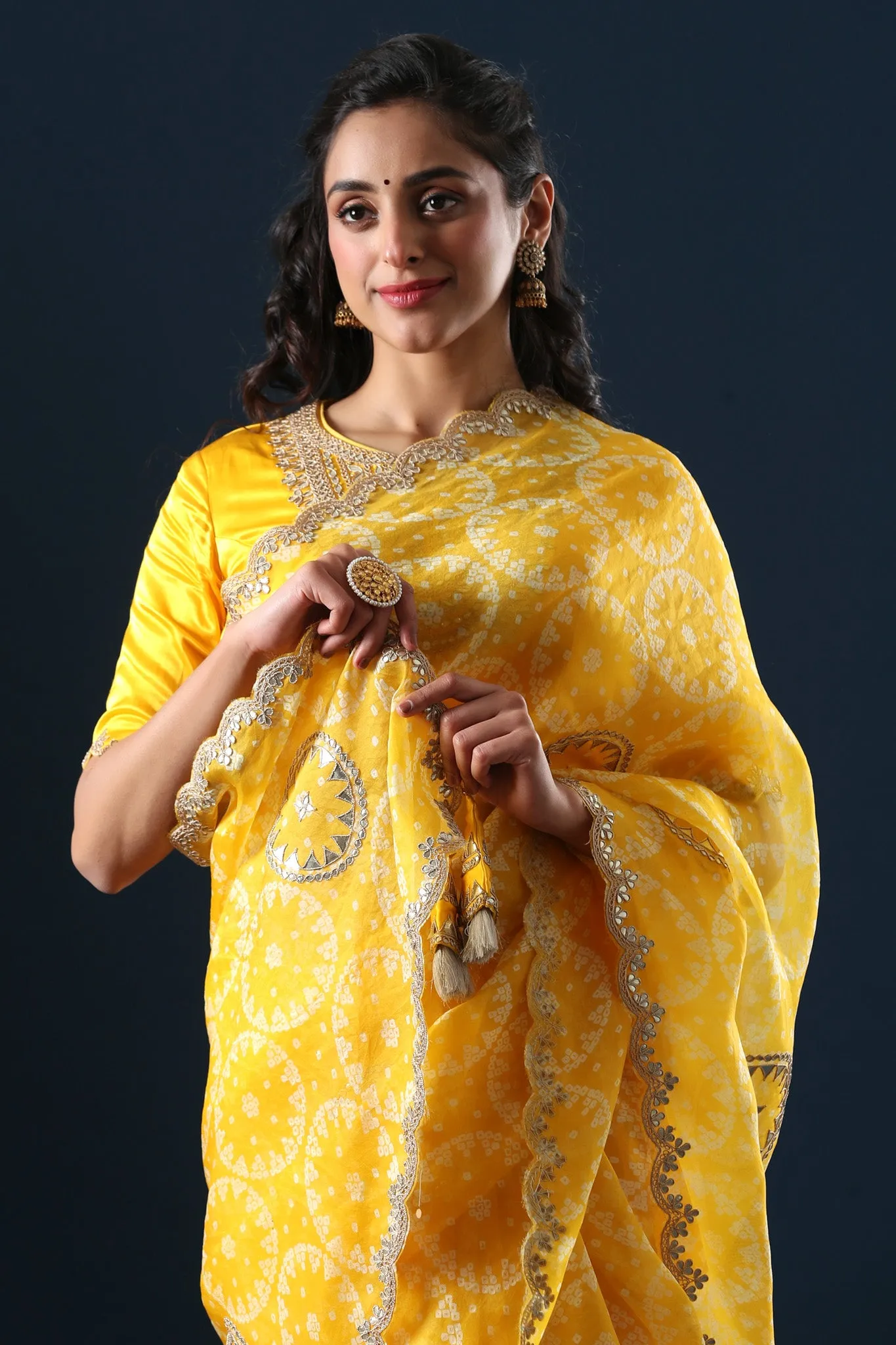 90Z650-RO Yellow Printed Organza Saree with Scalloped Border