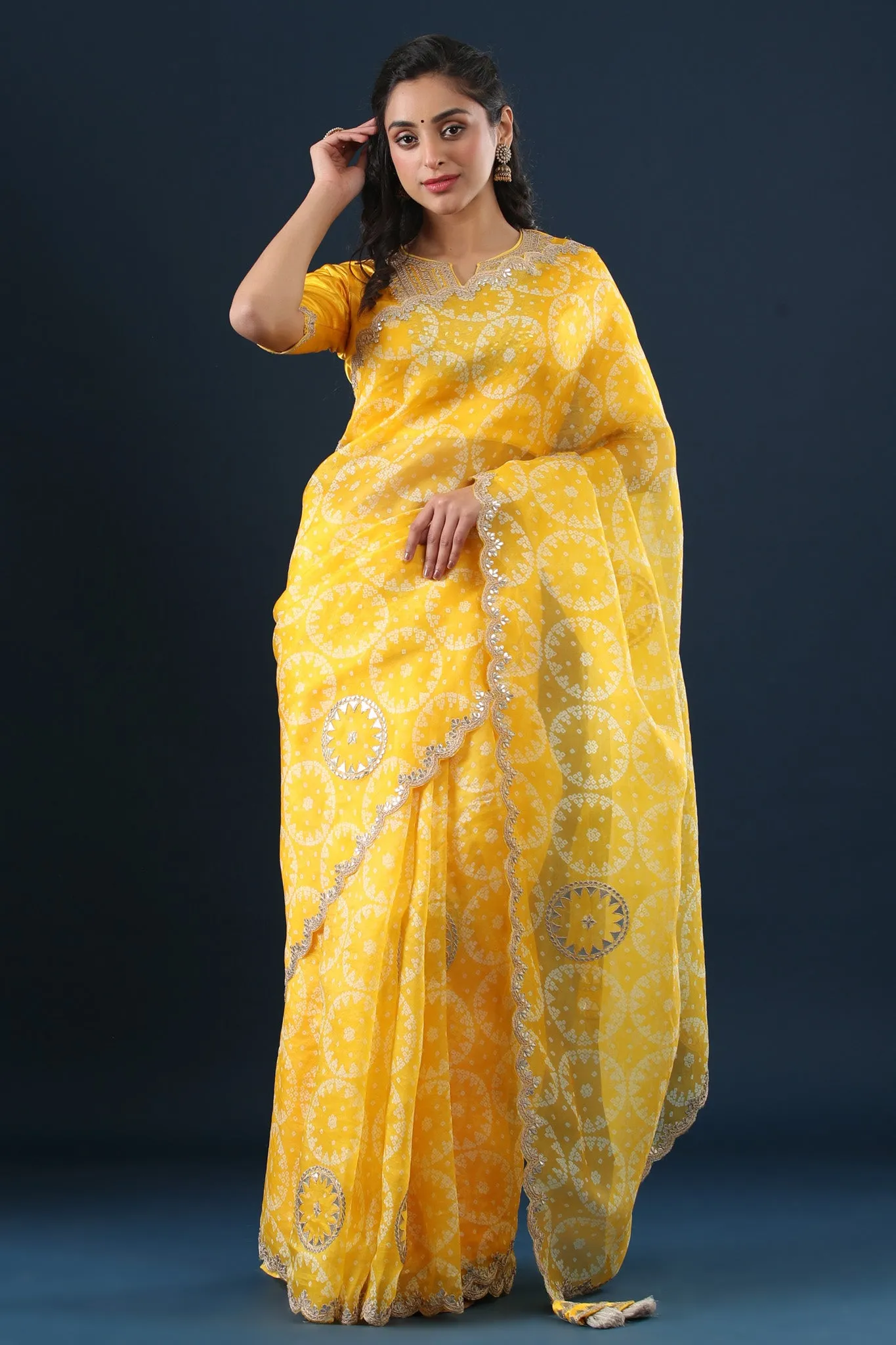 90Z650-RO Yellow Printed Organza Saree with Scalloped Border