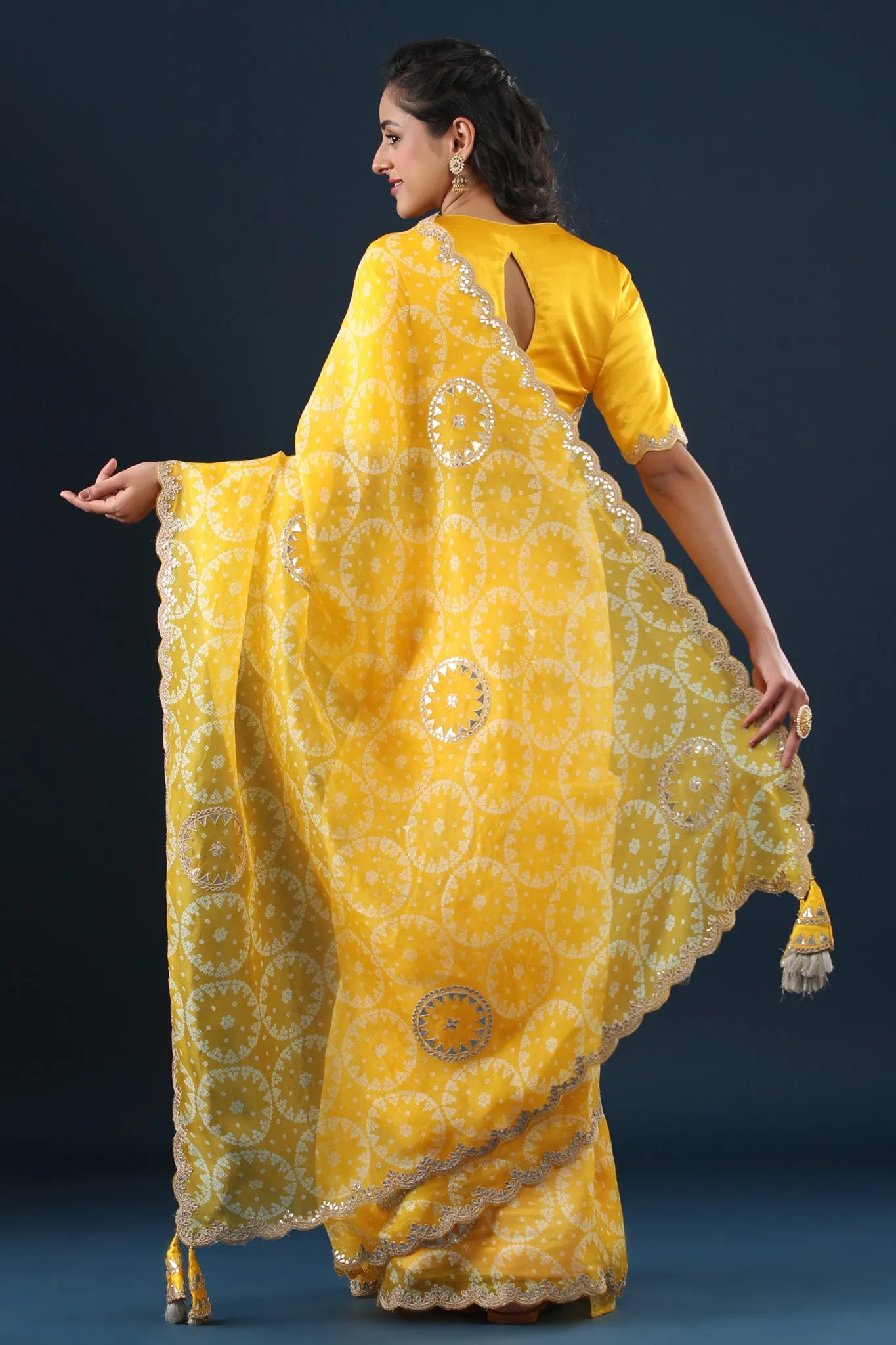 90Z650-RO Yellow Printed Organza Saree with Scalloped Border