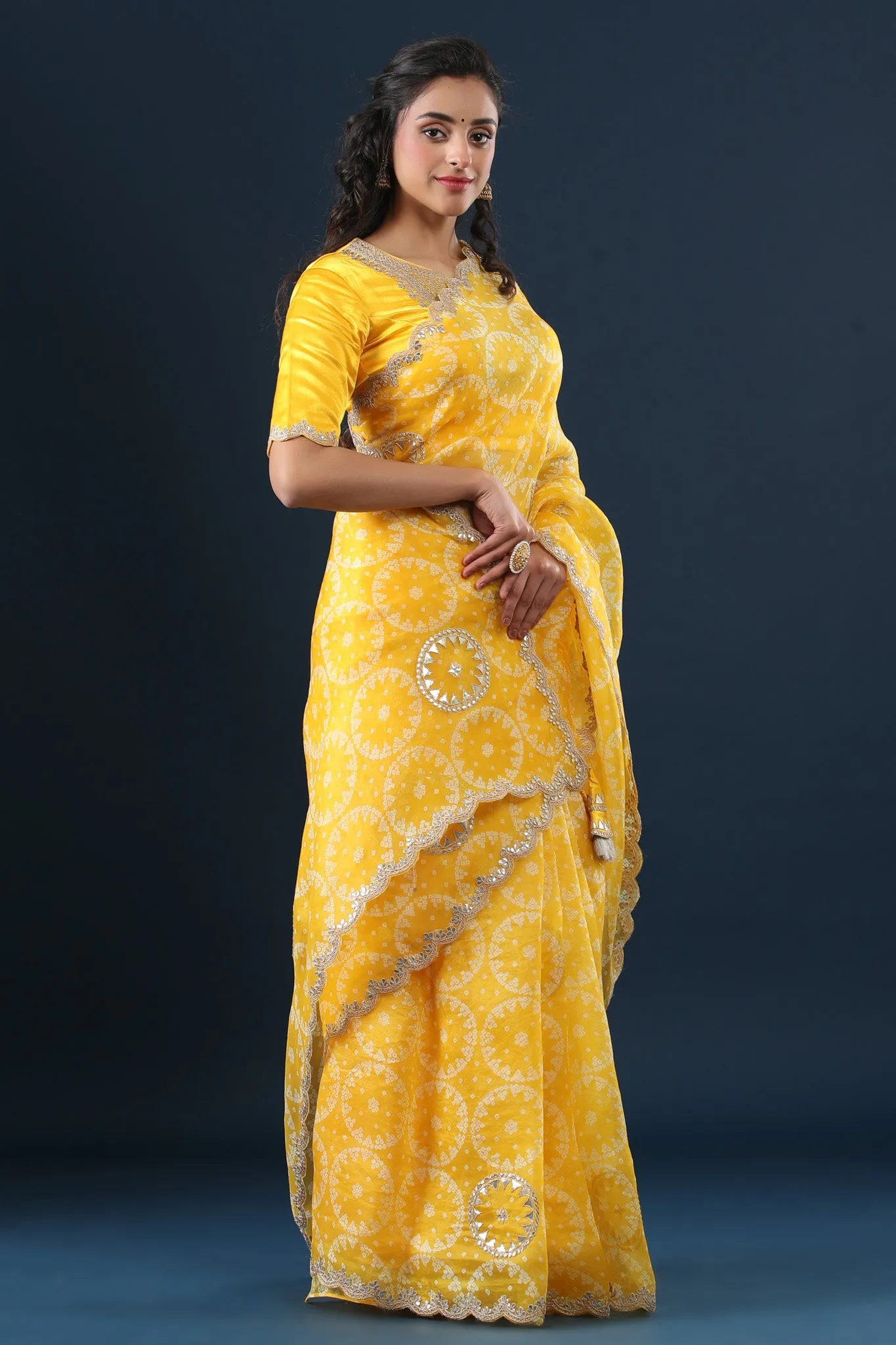 90Z650-RO Yellow Printed Organza Saree with Scalloped Border