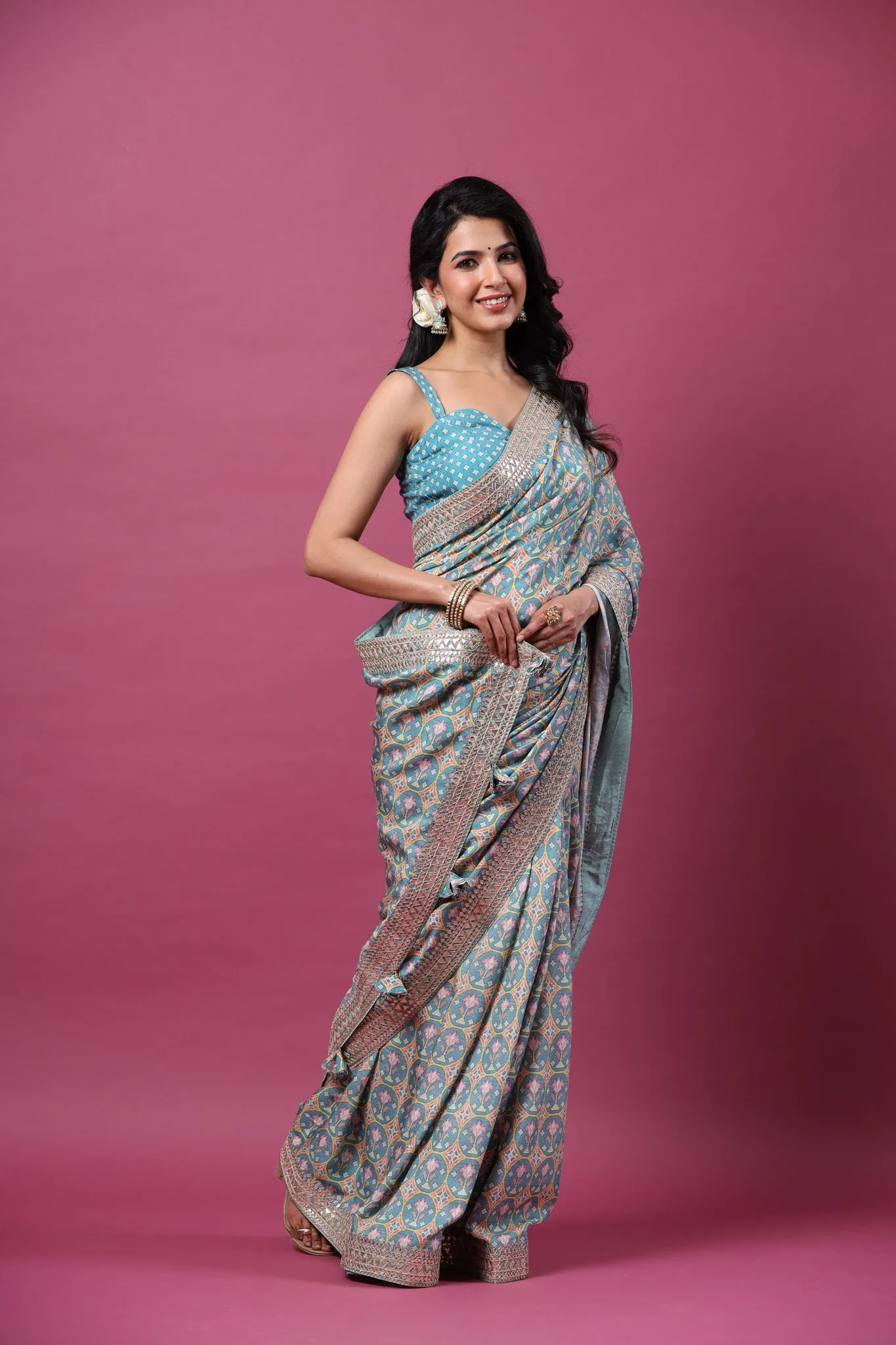 90Z657-RO Sea Green Printed Mulberry Silk Sari with Embroidered Border