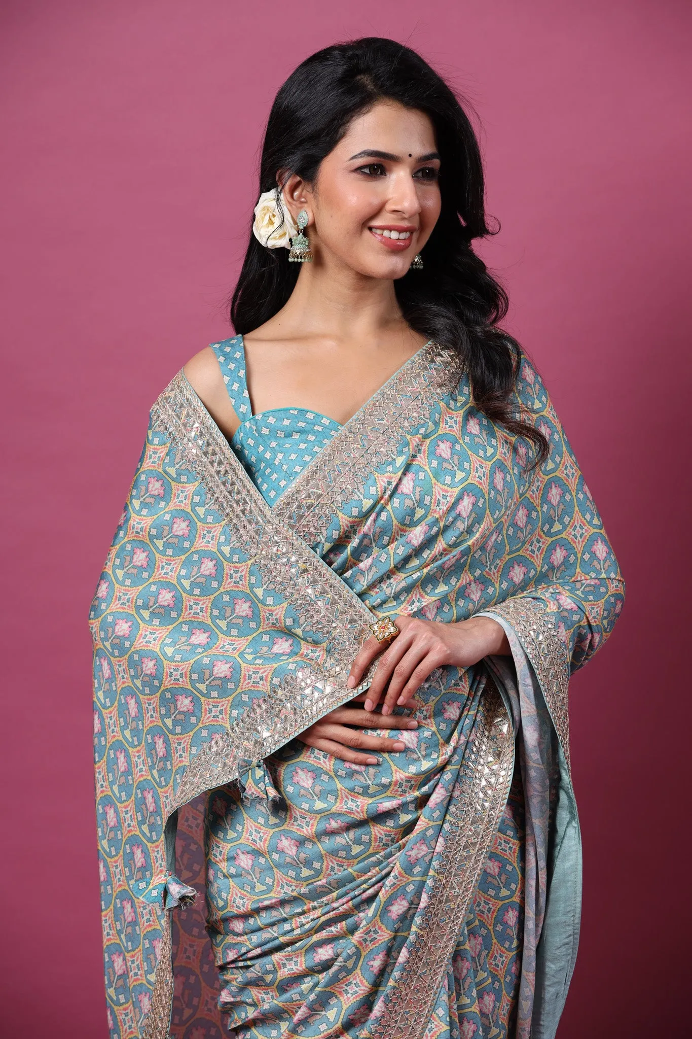 90Z657-RO Sea Green Printed Mulberry Silk Sari with Embroidered Border