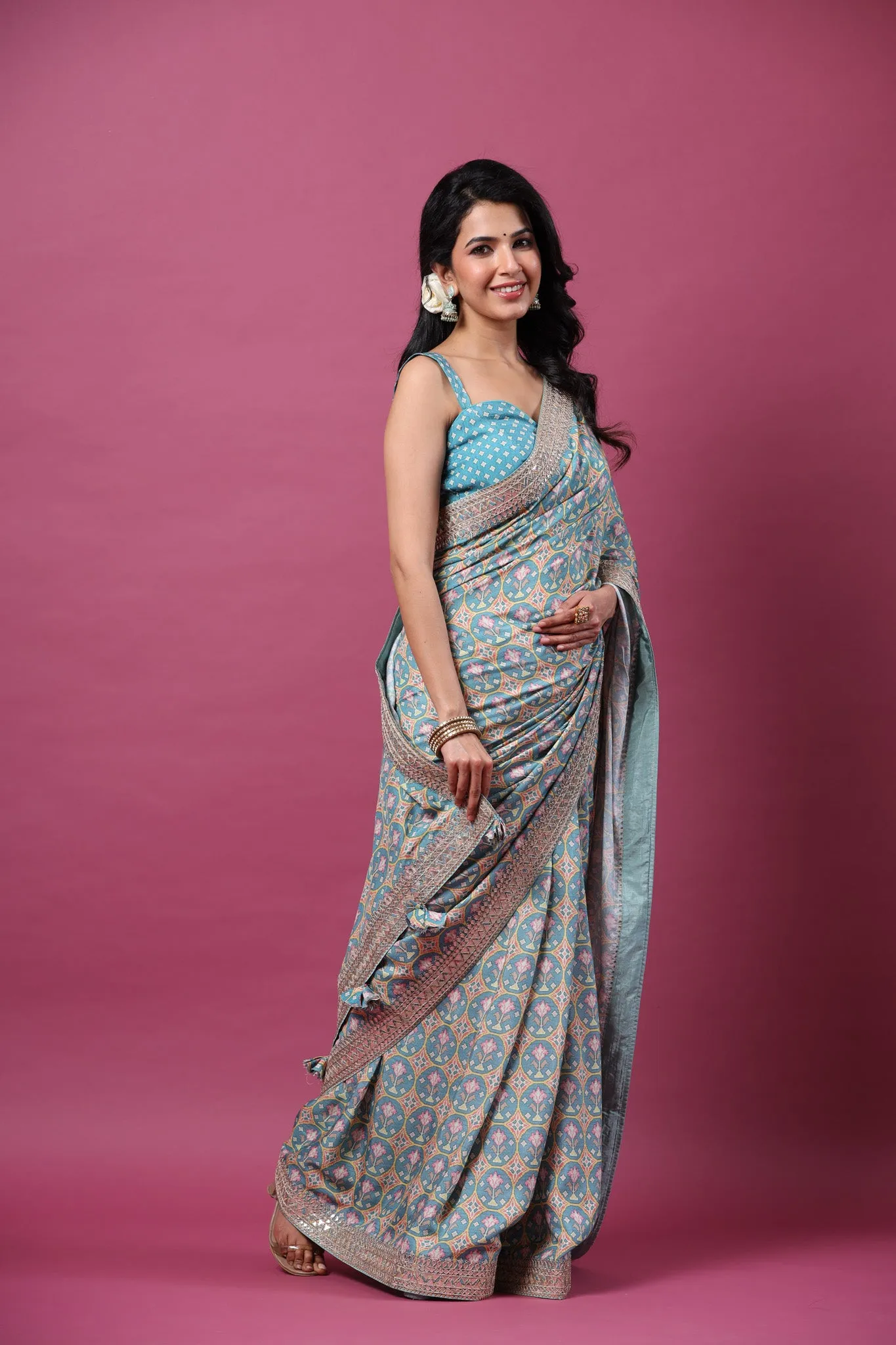 90Z657-RO Sea Green Printed Mulberry Silk Sari with Embroidered Border