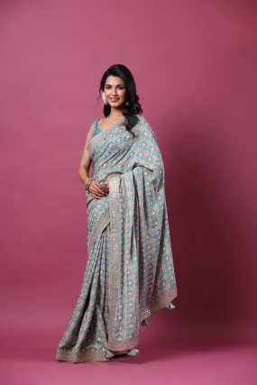 90Z657-RO Sea Green Printed Mulberry Silk Sari with Embroidered Border