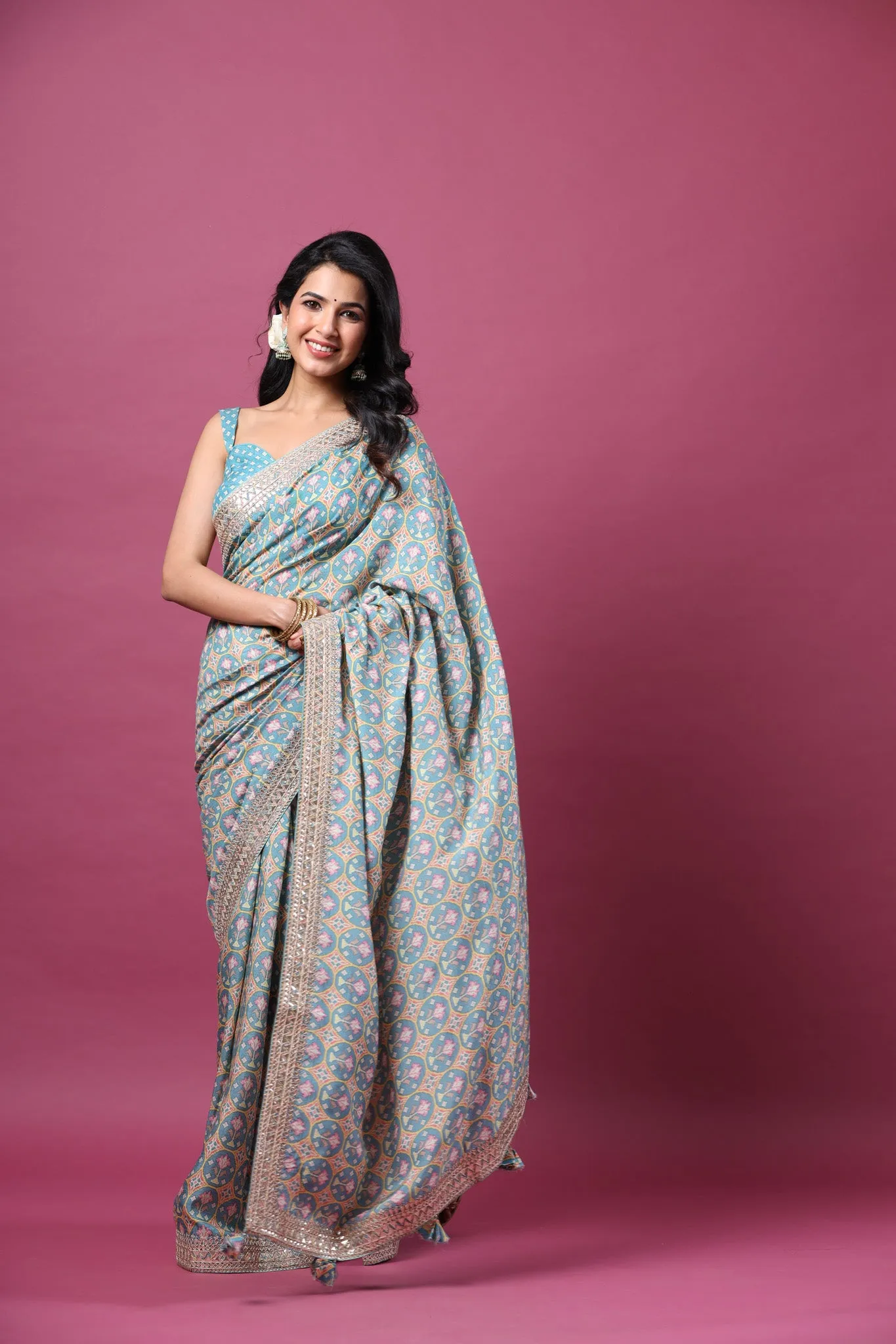 90Z657-RO Sea Green Printed Mulberry Silk Sari with Embroidered Border