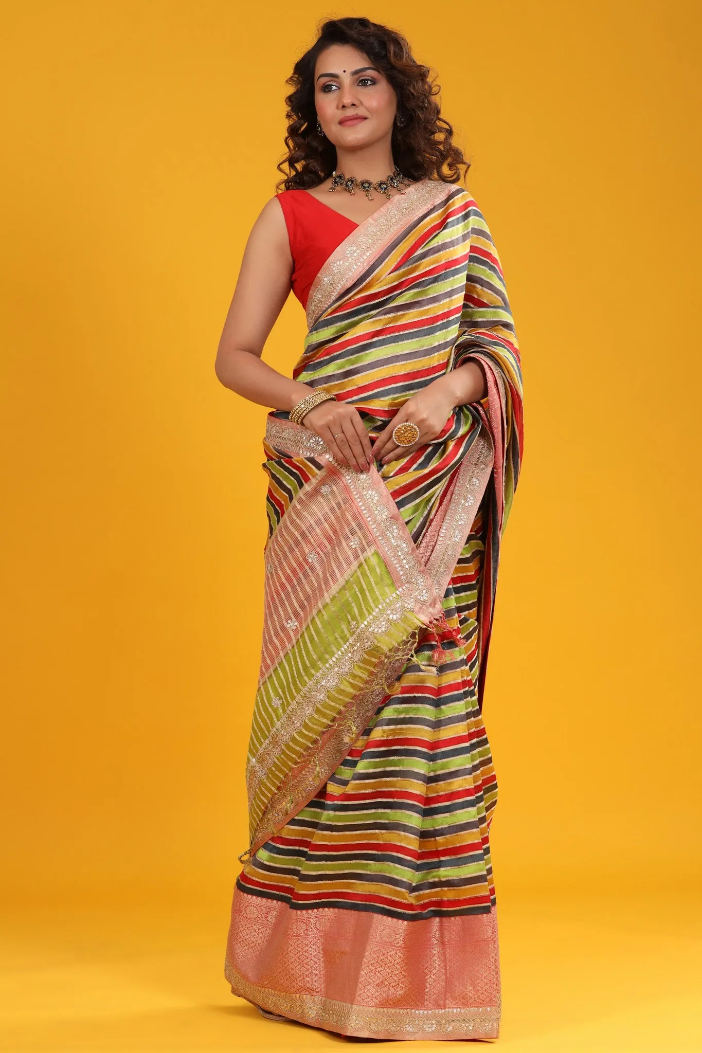 90Z672-RO Multicolor Tussar Sari with Embroidered Red Zari Border