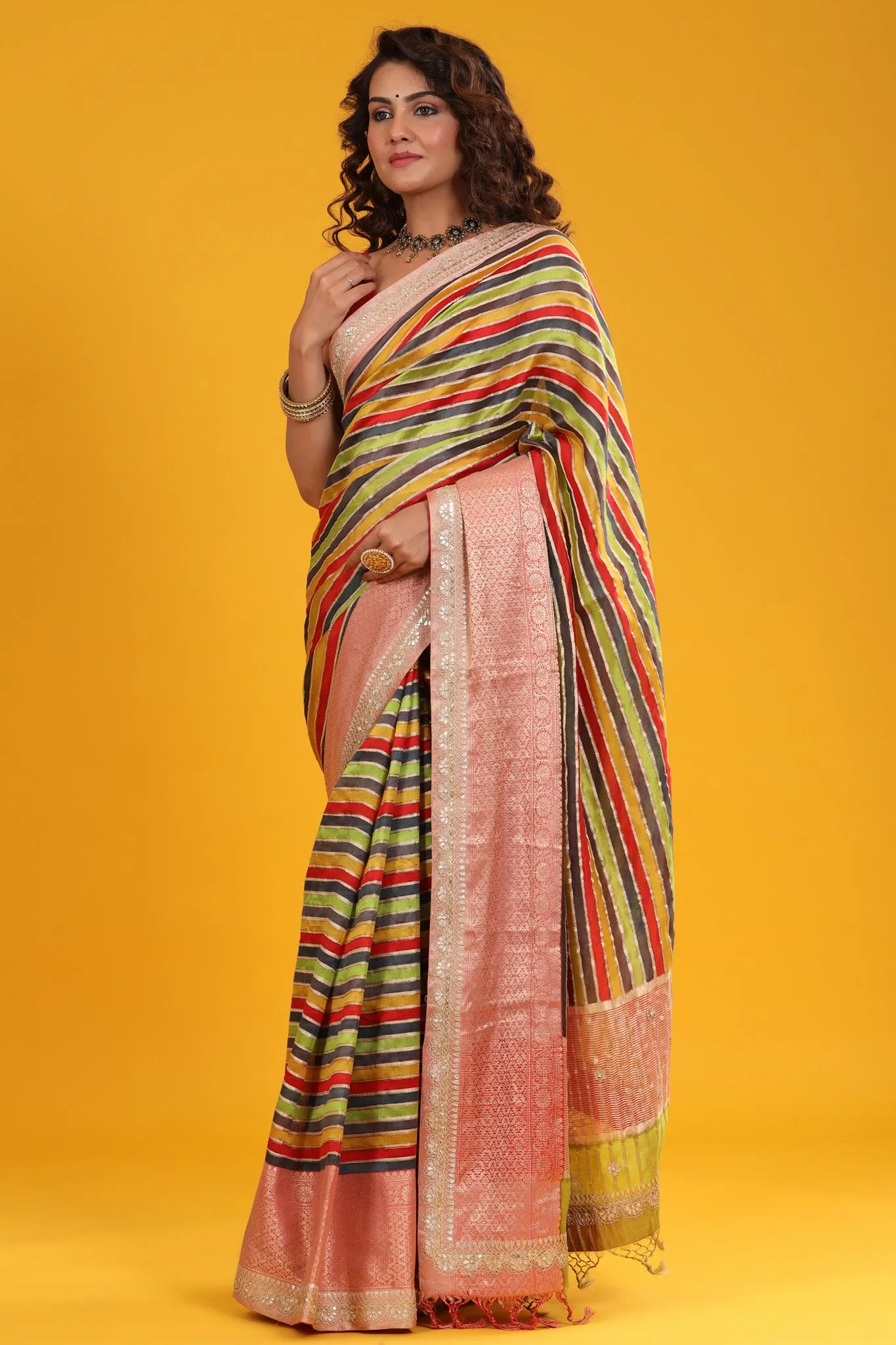 90Z672-RO Multicolor Tussar Sari with Embroidered Red Zari Border