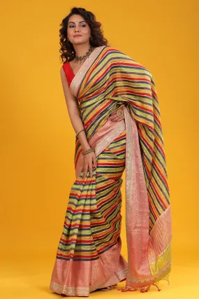 90Z672-RO Multicolor Tussar Sari with Embroidered Red Zari Border